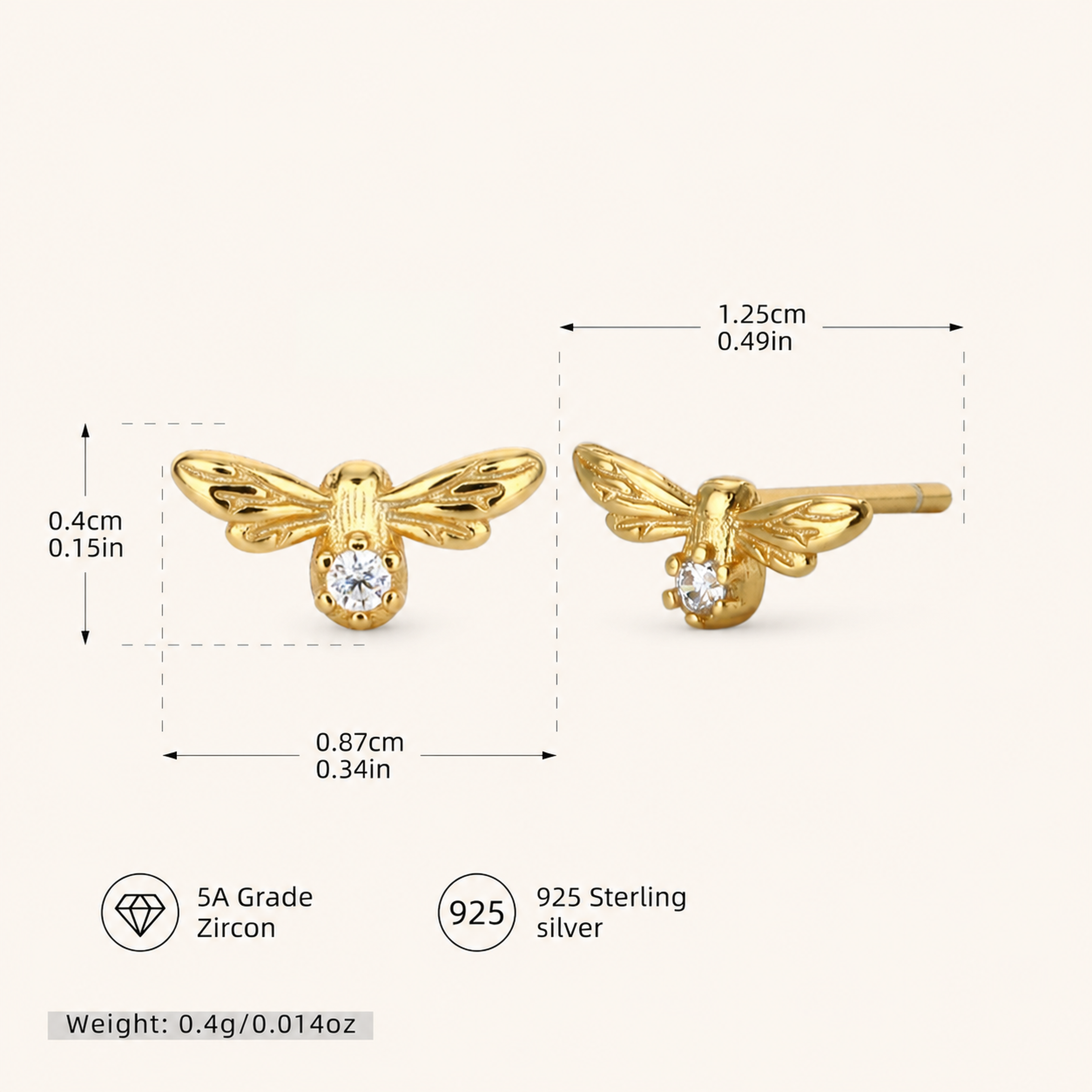 Sterling Silver Zirconia Dragonfly Stud Earrings - Gold