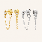 Sterling Silver Rhombus Zirconia Chain Drop Stud Earrings