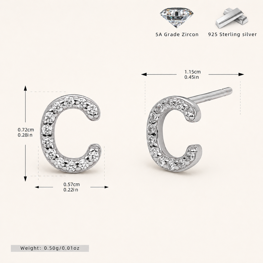 Sterling Silver Pave Initial Letter Stud Earrings - Platinum / C
