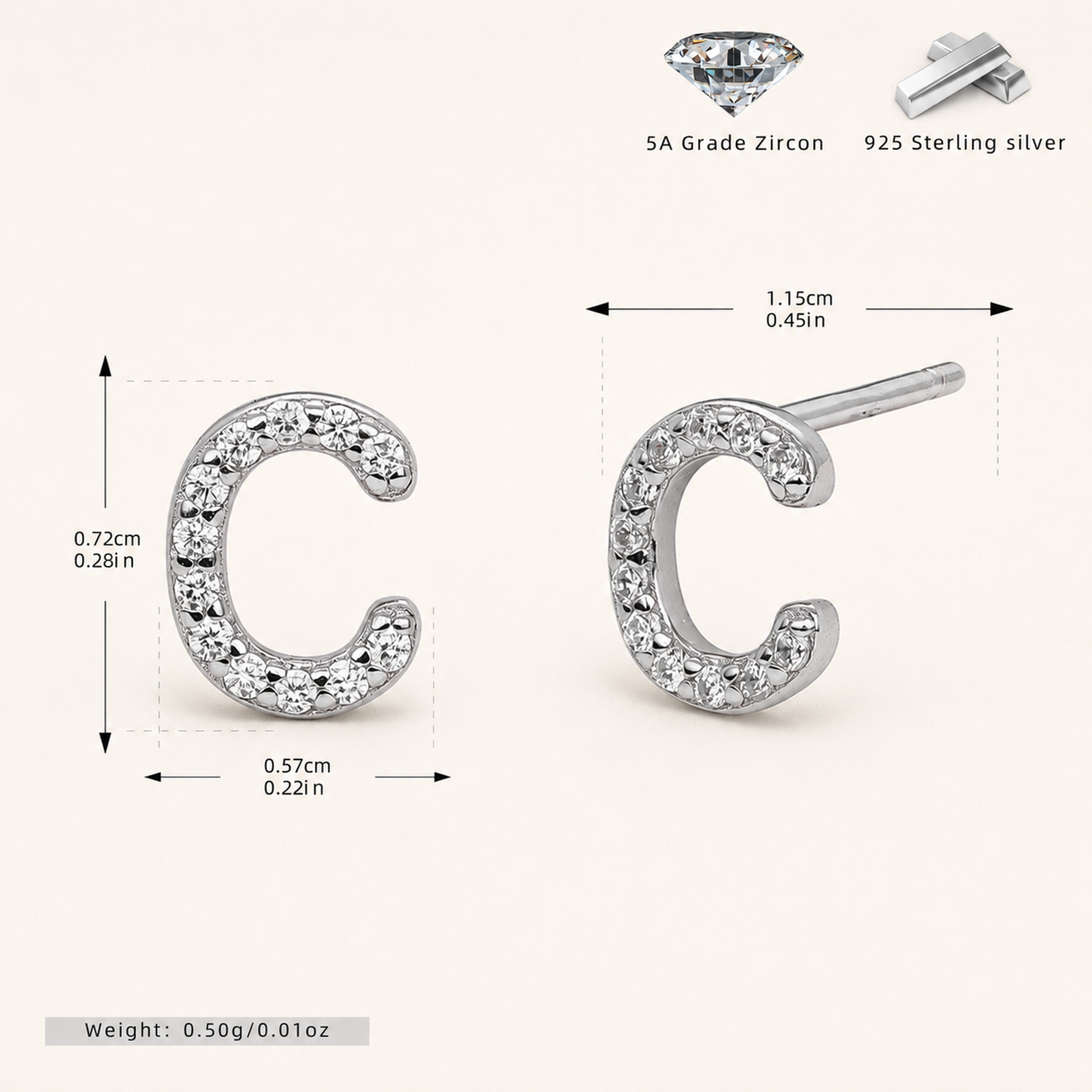 Sterling Silver Pave Initial Letter Stud Earrings - Platinum / C