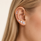 Sterling Silver Moissanite Four-Prong Solitaire Flat Back Earrings worn on the ear
