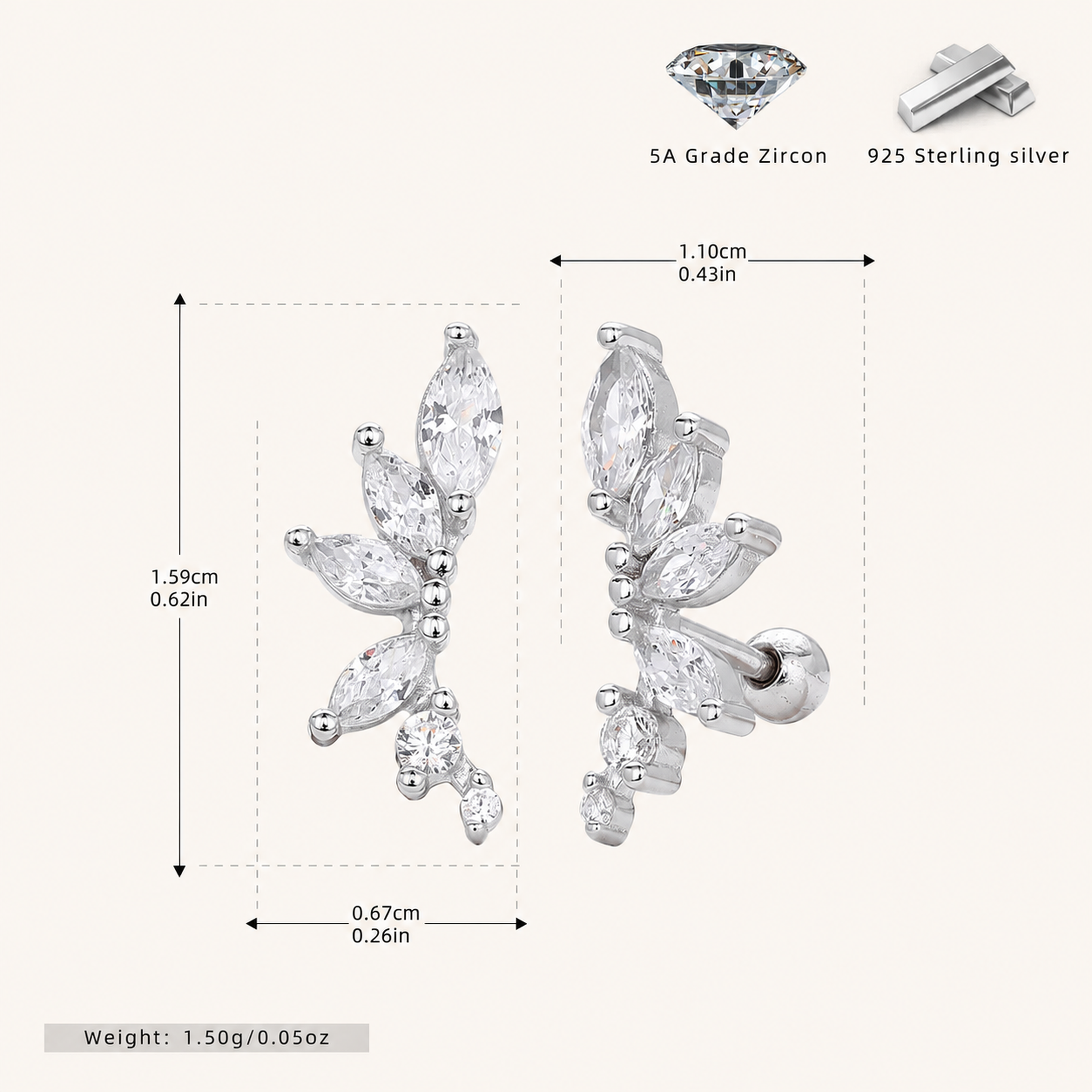 Sterling Silver Zirconia Ball Flat Back Earrings - Platinum