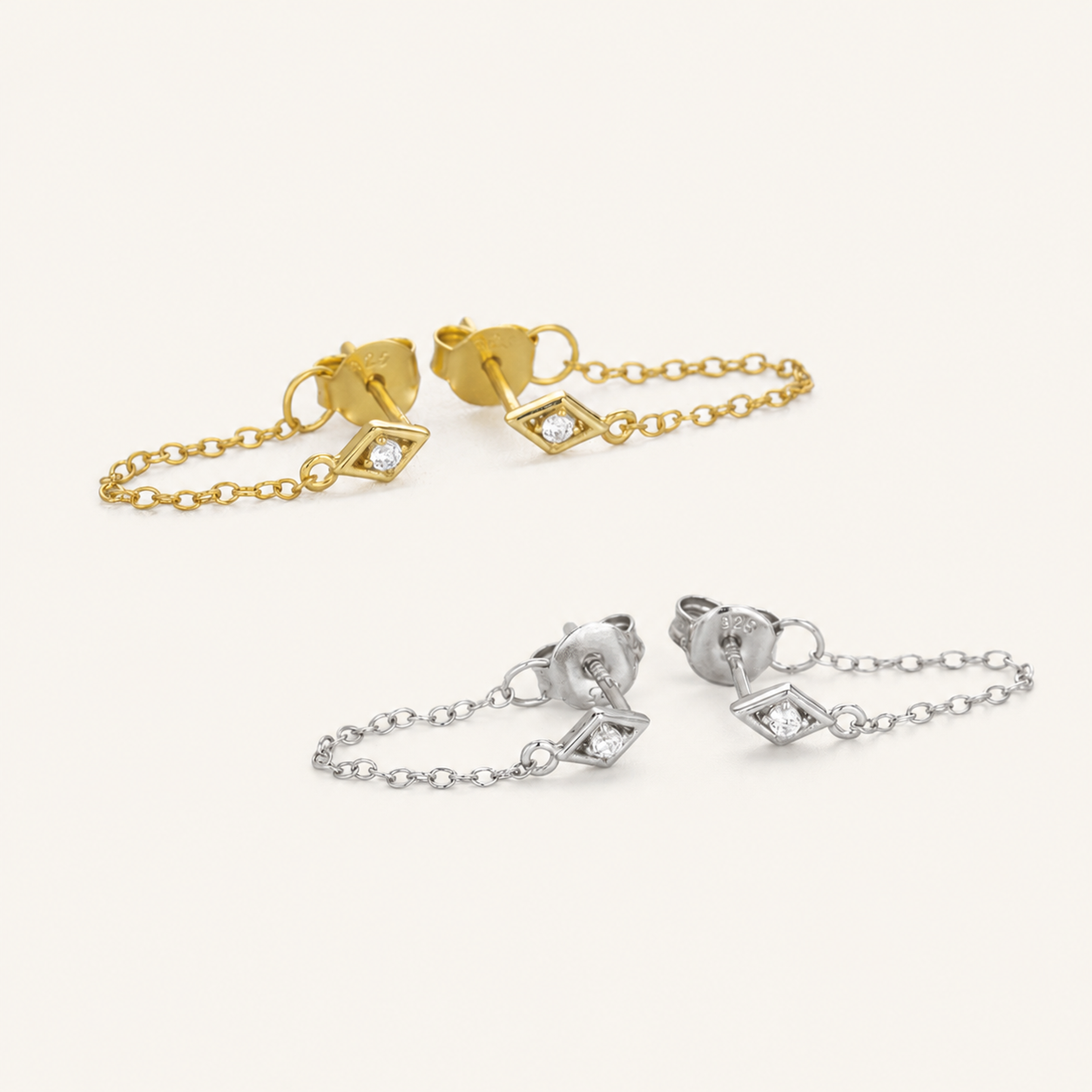 Sterling Silver Rhombus Zirconia Chain Drop Stud Earrings detail