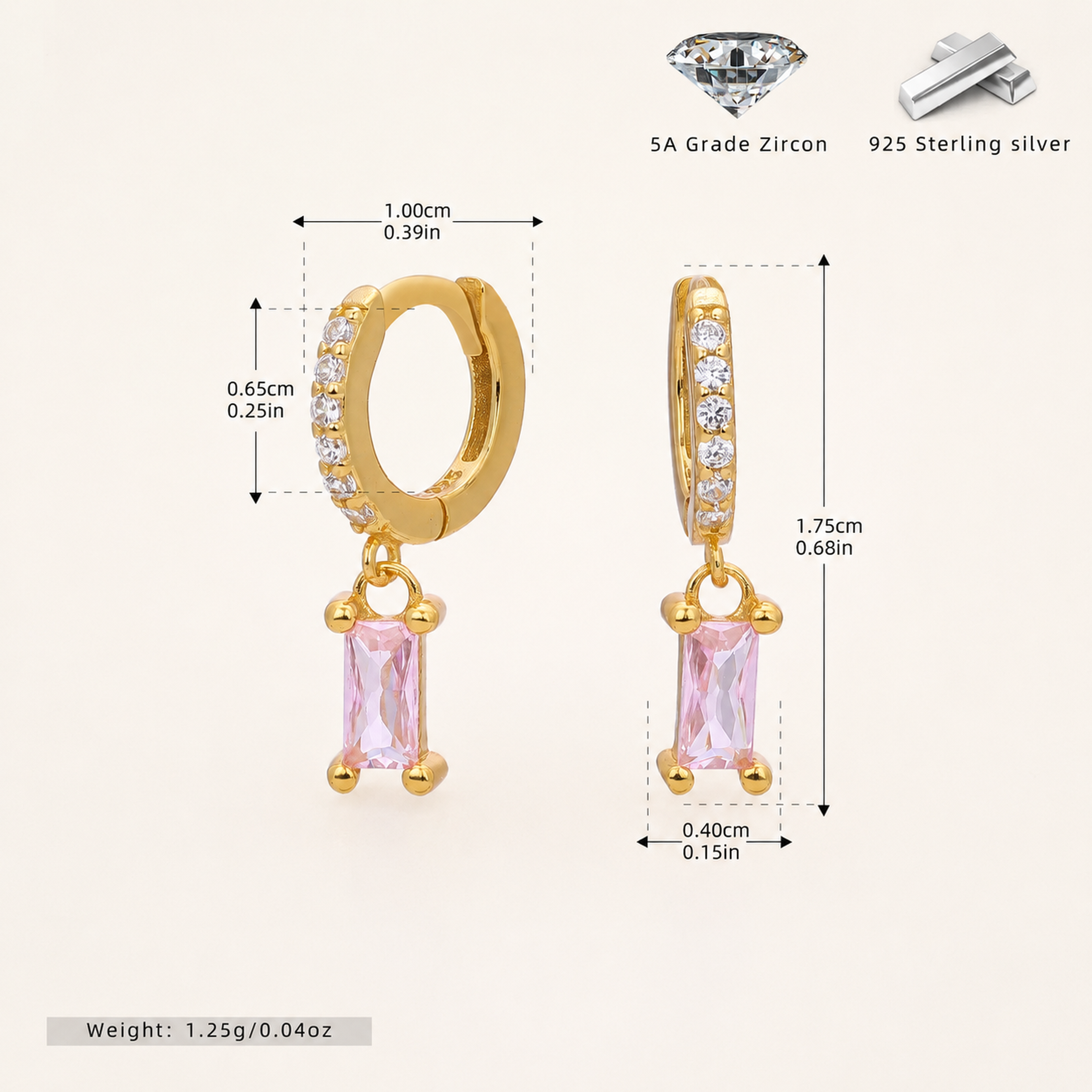 Sterling Silver Geometric Zirconia Hoop Earrings - Gold / 3