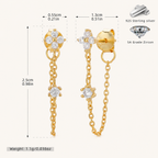 Sterling Silver Flower Zirconia Chain Drop Stud Earrings - Gold