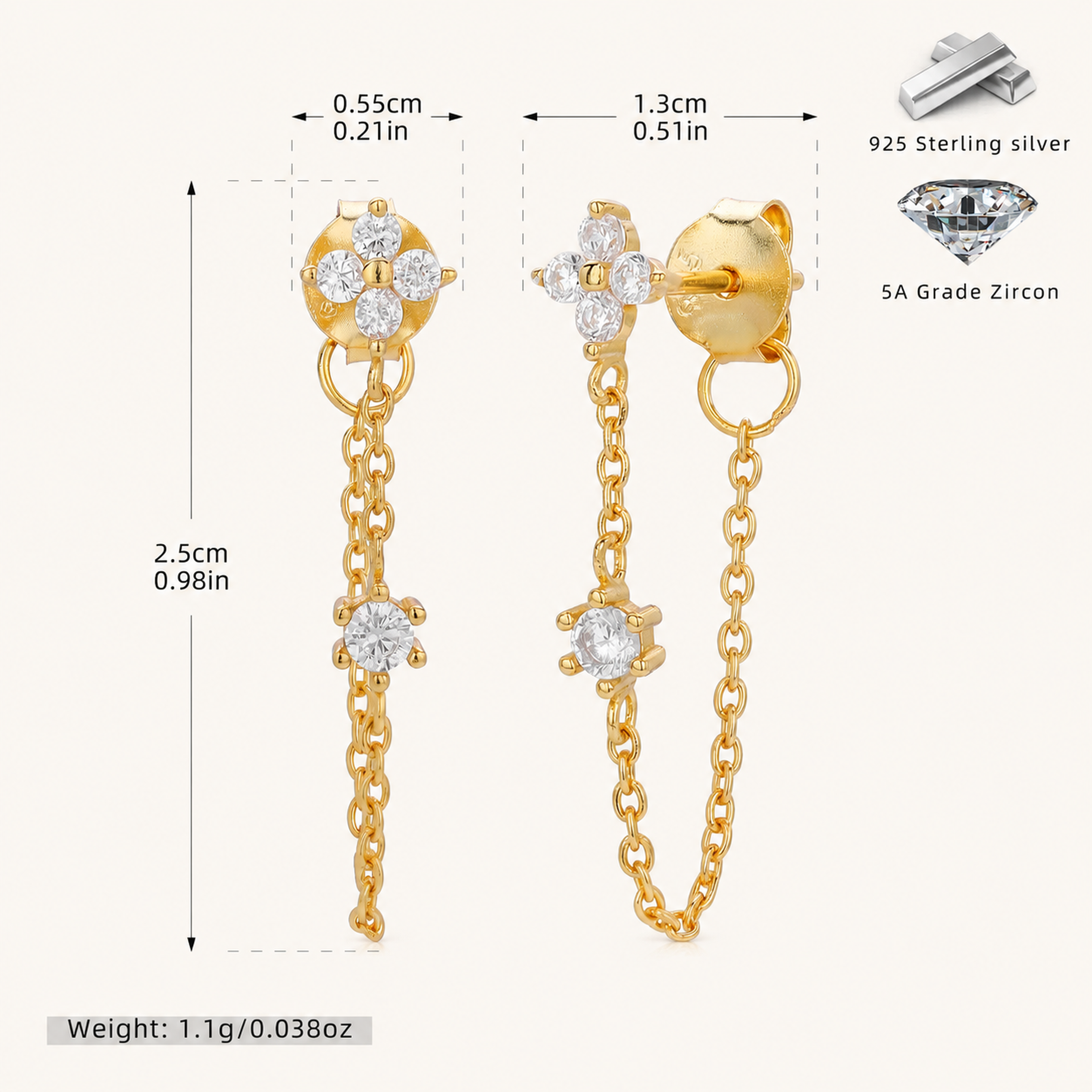 Sterling Silver Flower Zirconia Chain Drop Stud Earrings - Gold