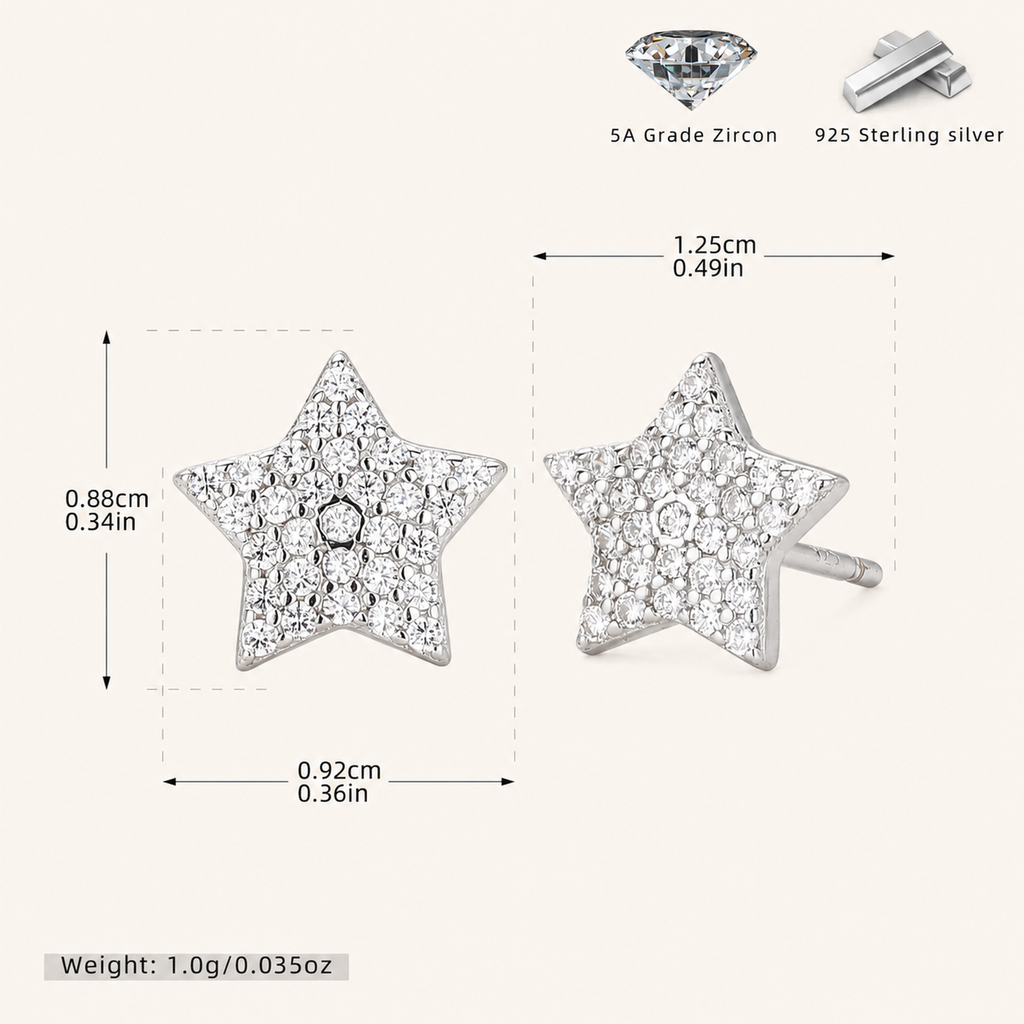Sterling Silver Five-Point Star Zirconia Stud Earrings - Platinum