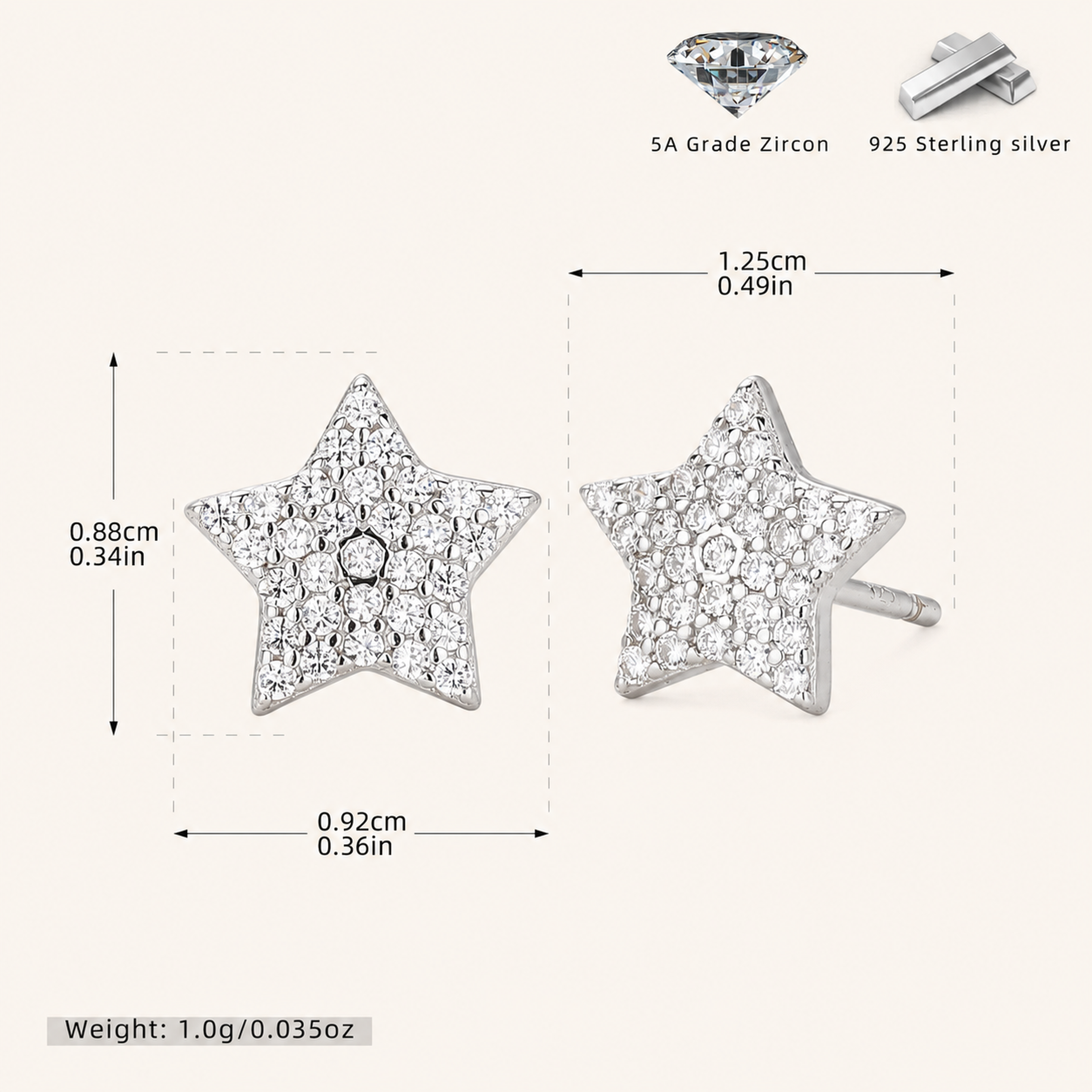 Sterling Silver Five-Point Star Zirconia Stud Earrings - Platinum