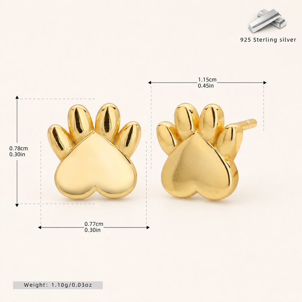 Sterling Silver Cat Paw Stud Earrings - Gold