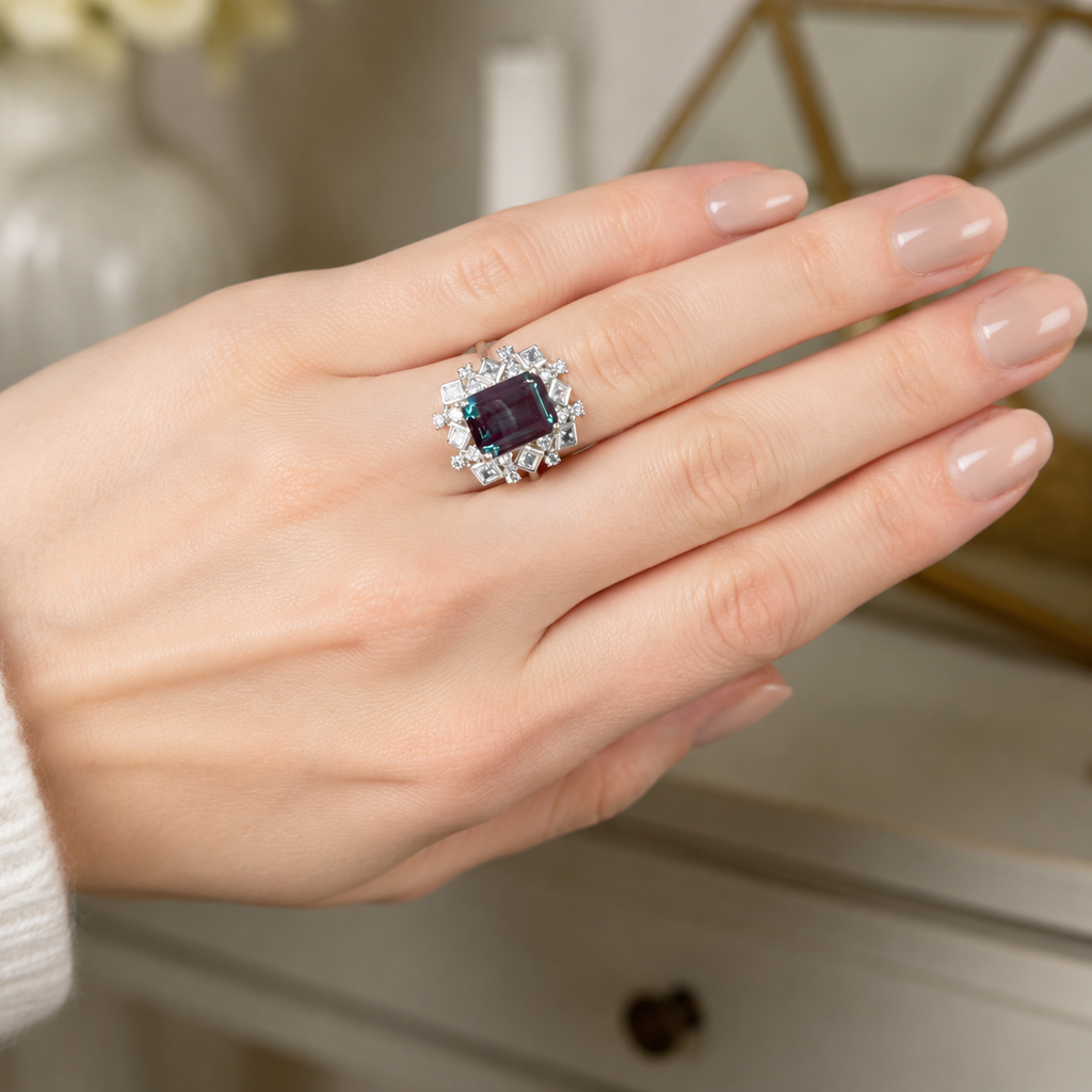 Deco Regent Lab-Grown Alexandrite Ring worn on hand