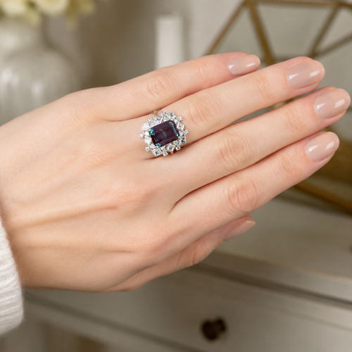 Deco Regent Lab-Grown Alexandrite Ring worn on hand