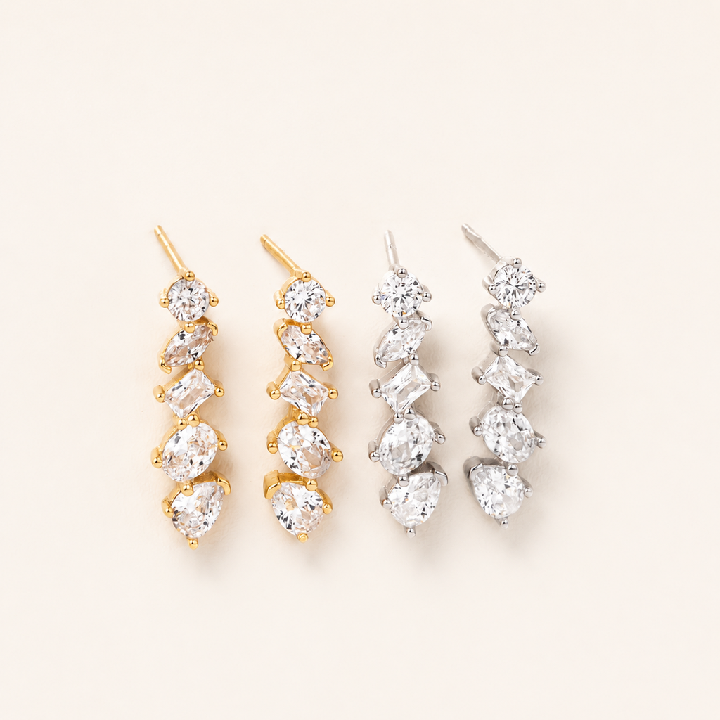 Sterling Silver Zirconia Chain Drop Stud Earrings detail