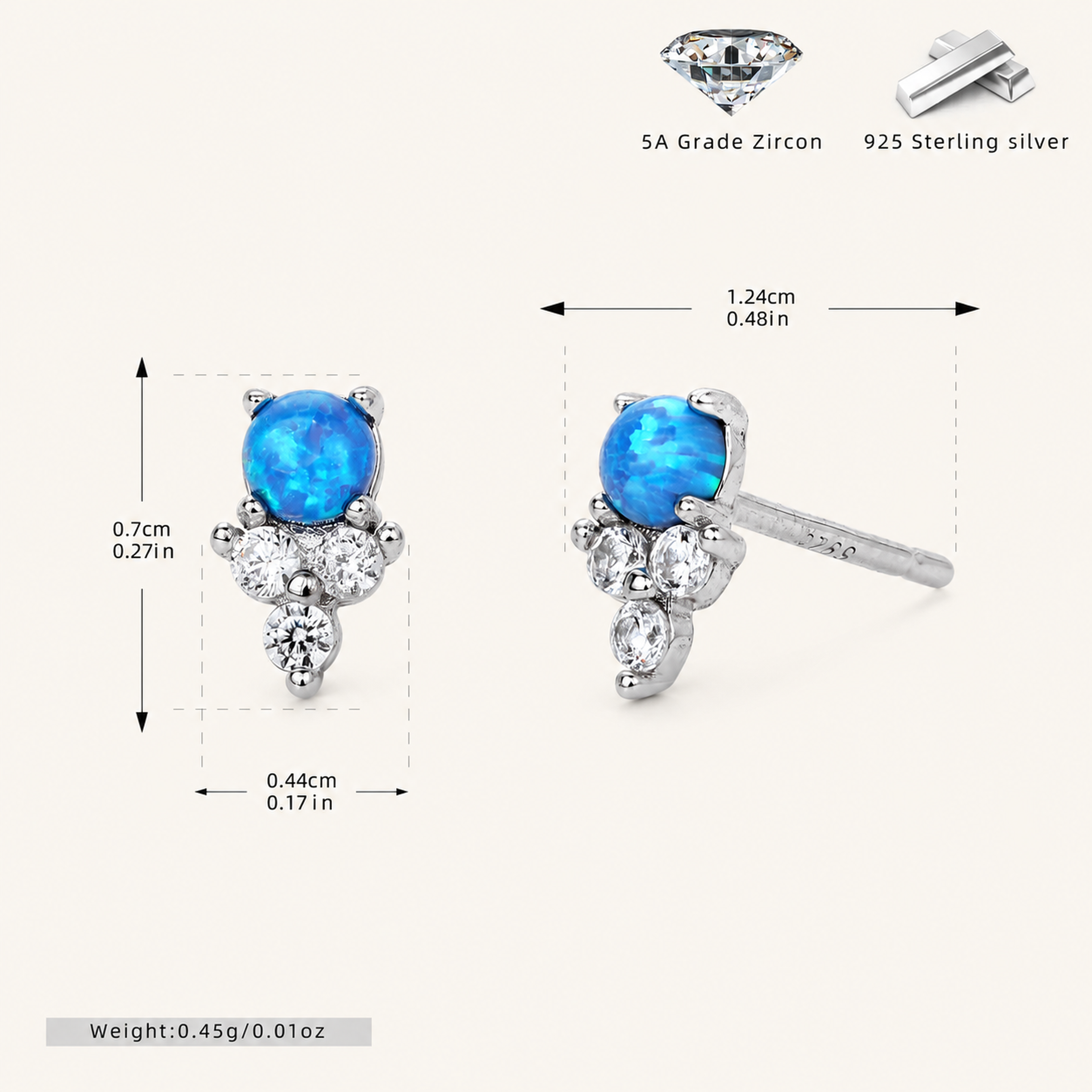 Sterling Silver Opal Stud Earrings - Platinum / Blue