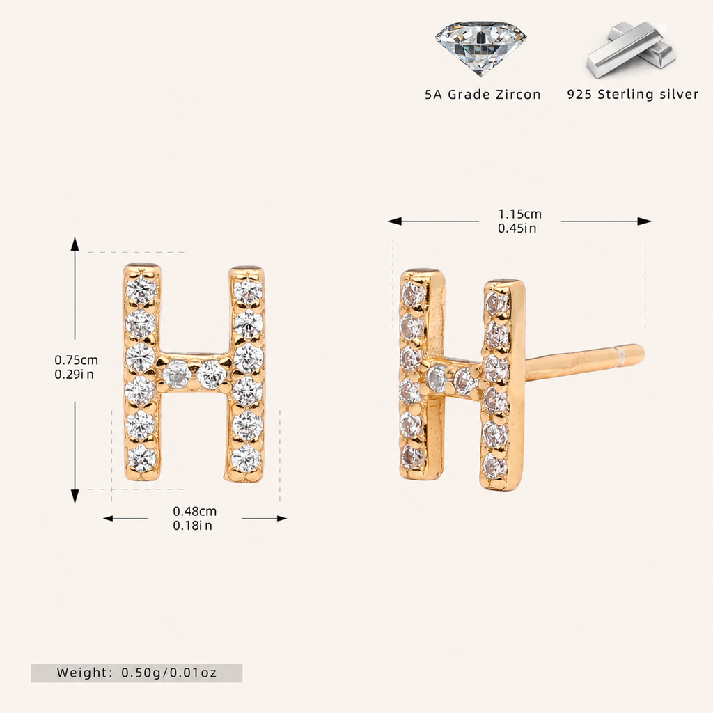 Sterling Silver Pave Initial Letter Stud Earrings - Gold / H