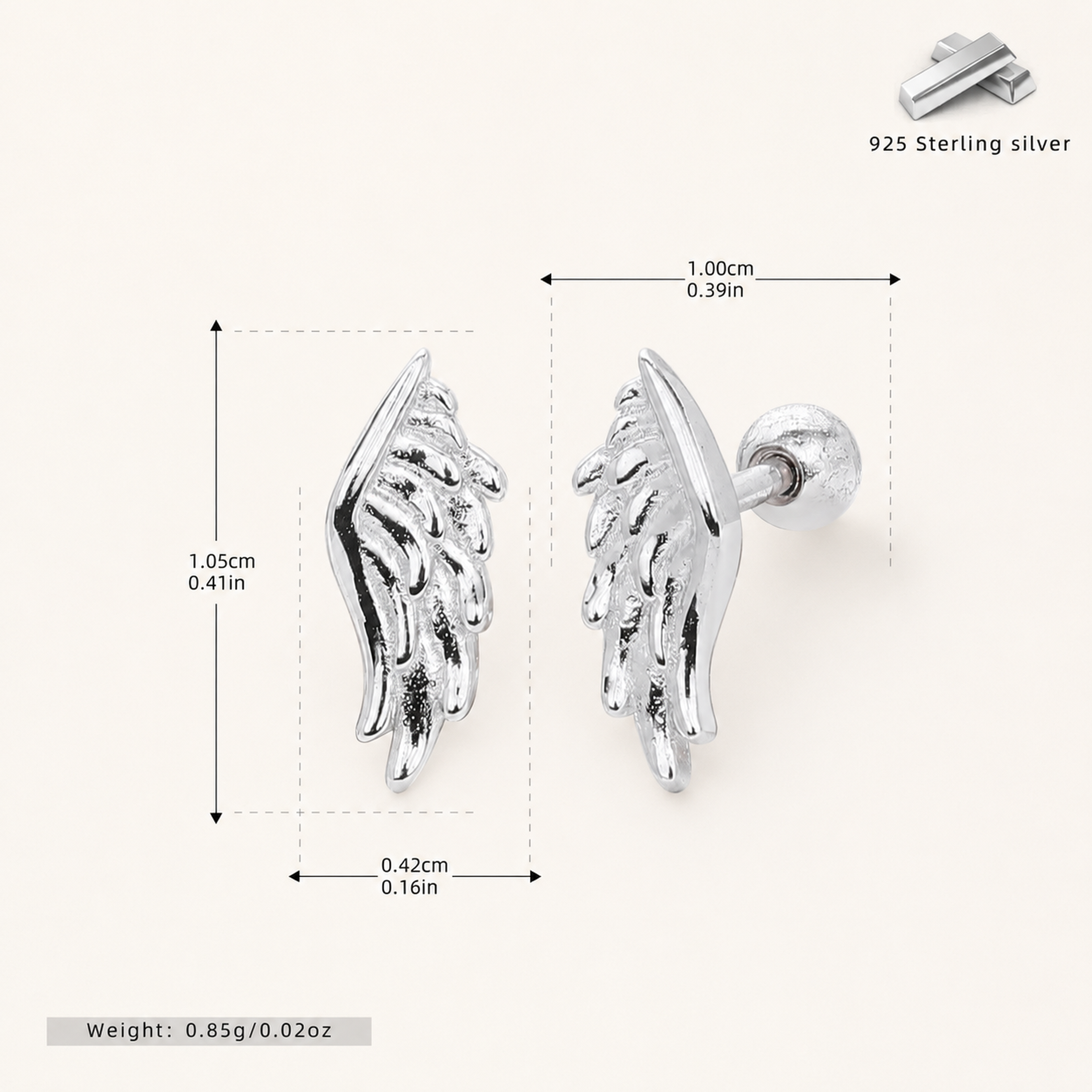 Sterling Silver Wing Feather Flat Back Earrings - Platinum