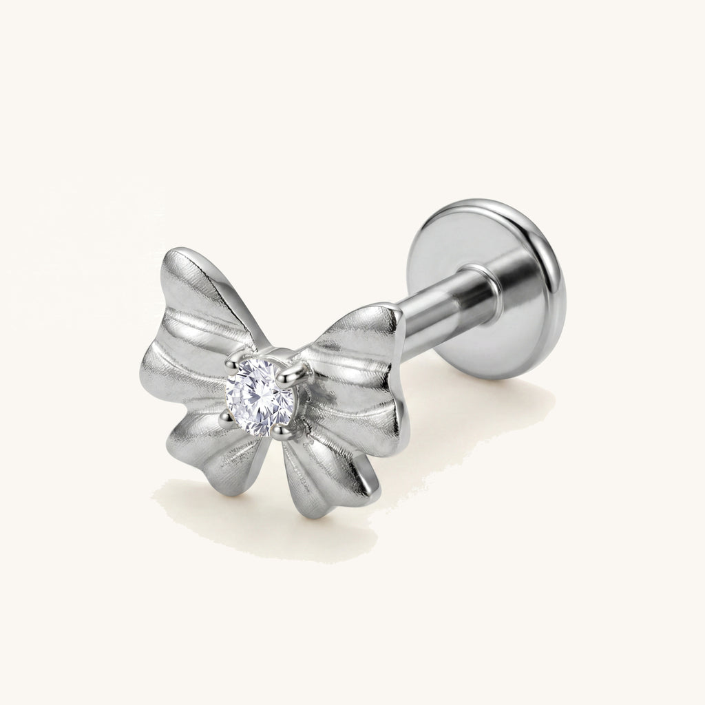 Bow Crystal Titanium Stud Earrings - Silver