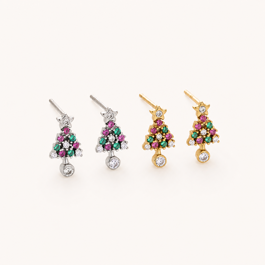 Sterling Silver Christmas Tree Zirconia Stud Earrings detail