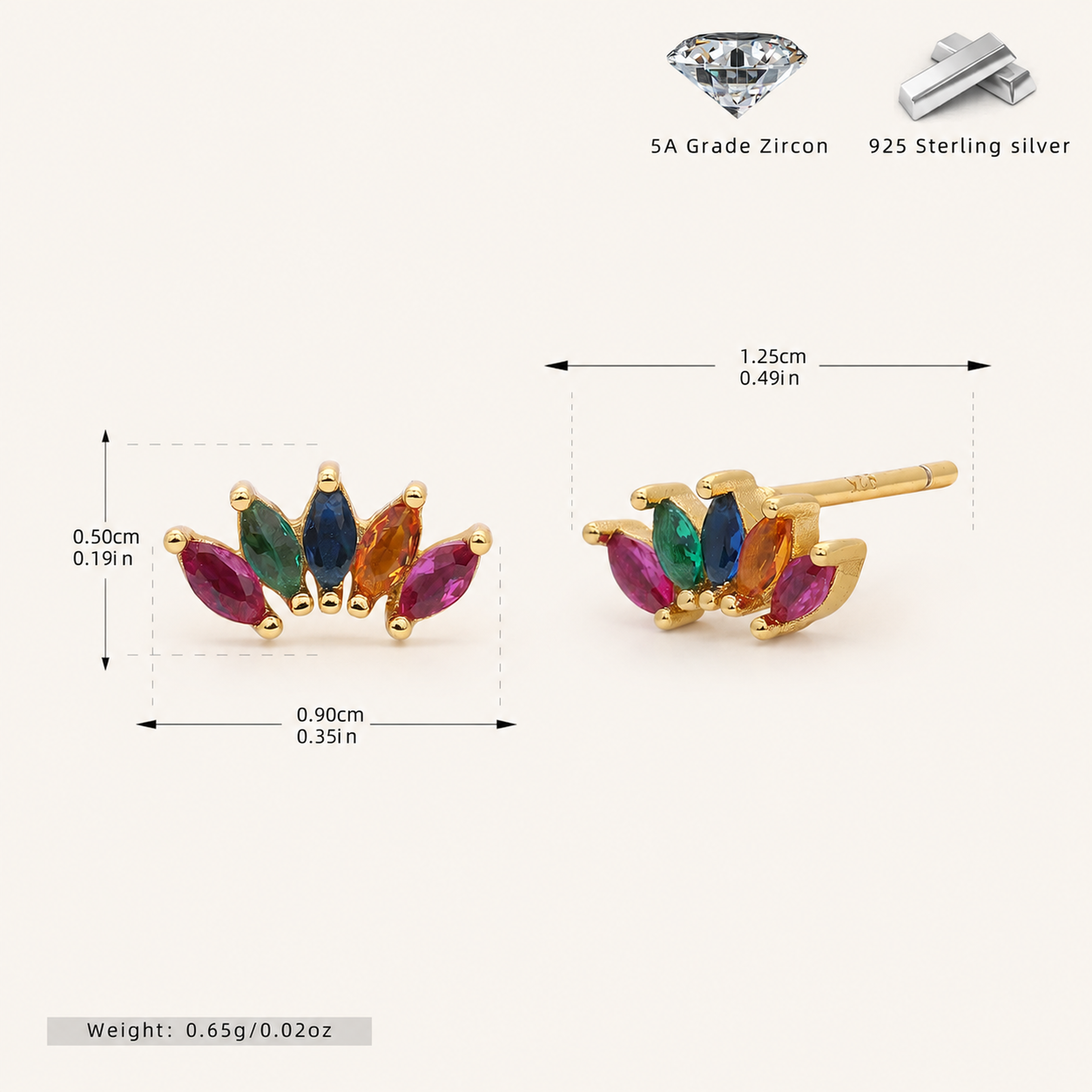 Sterling Silver Colorful Teardrop Zirconia Stud Earrings - Gold