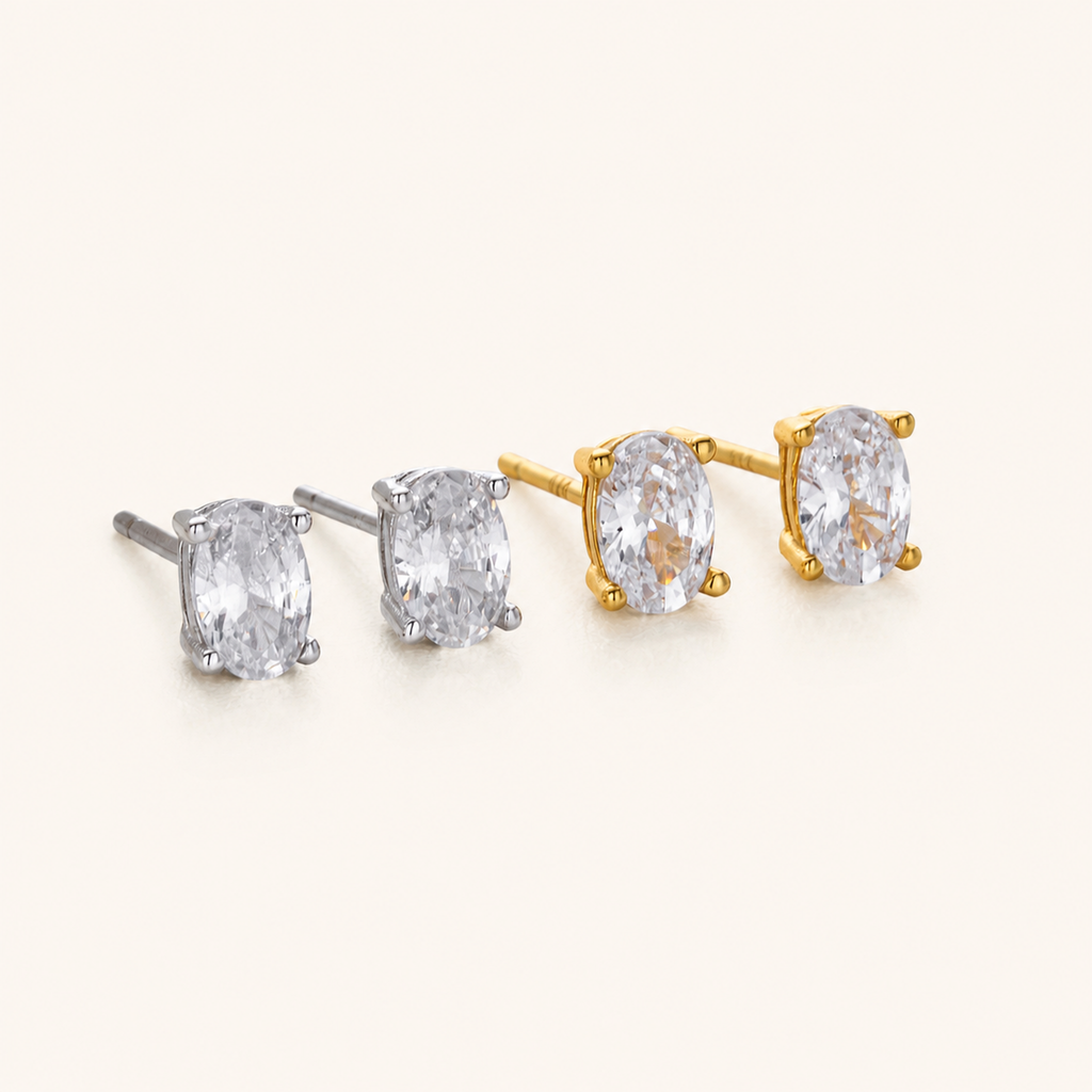 Sterling Silver Geometric Oval Zirconia Stud Earrings detail view