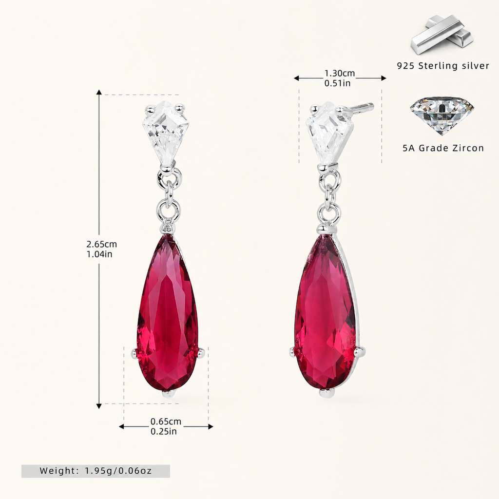 Sterling Silver Zirconia Teardrop Stud Earrings - Platinum / Red