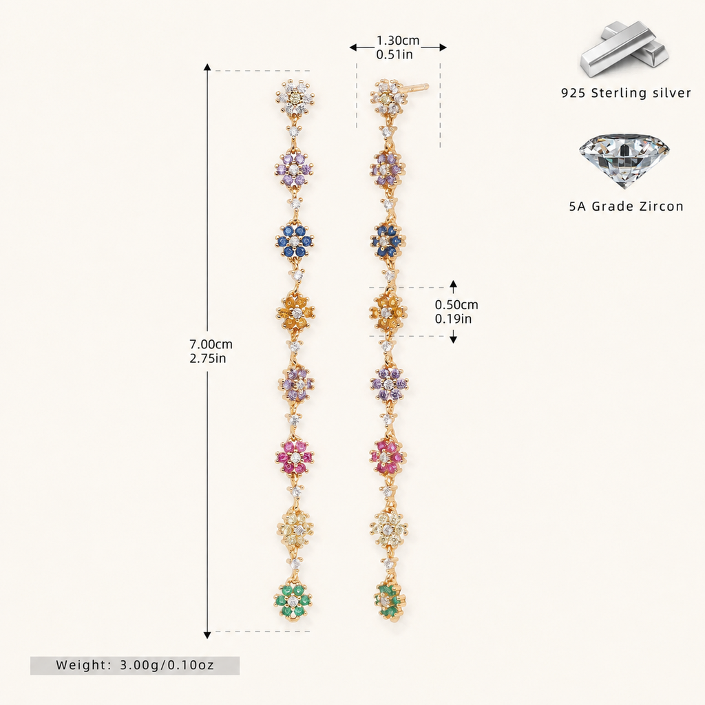 Sterling Silver Colorful Flower Chain Drop Stud Earrings - Gold / White