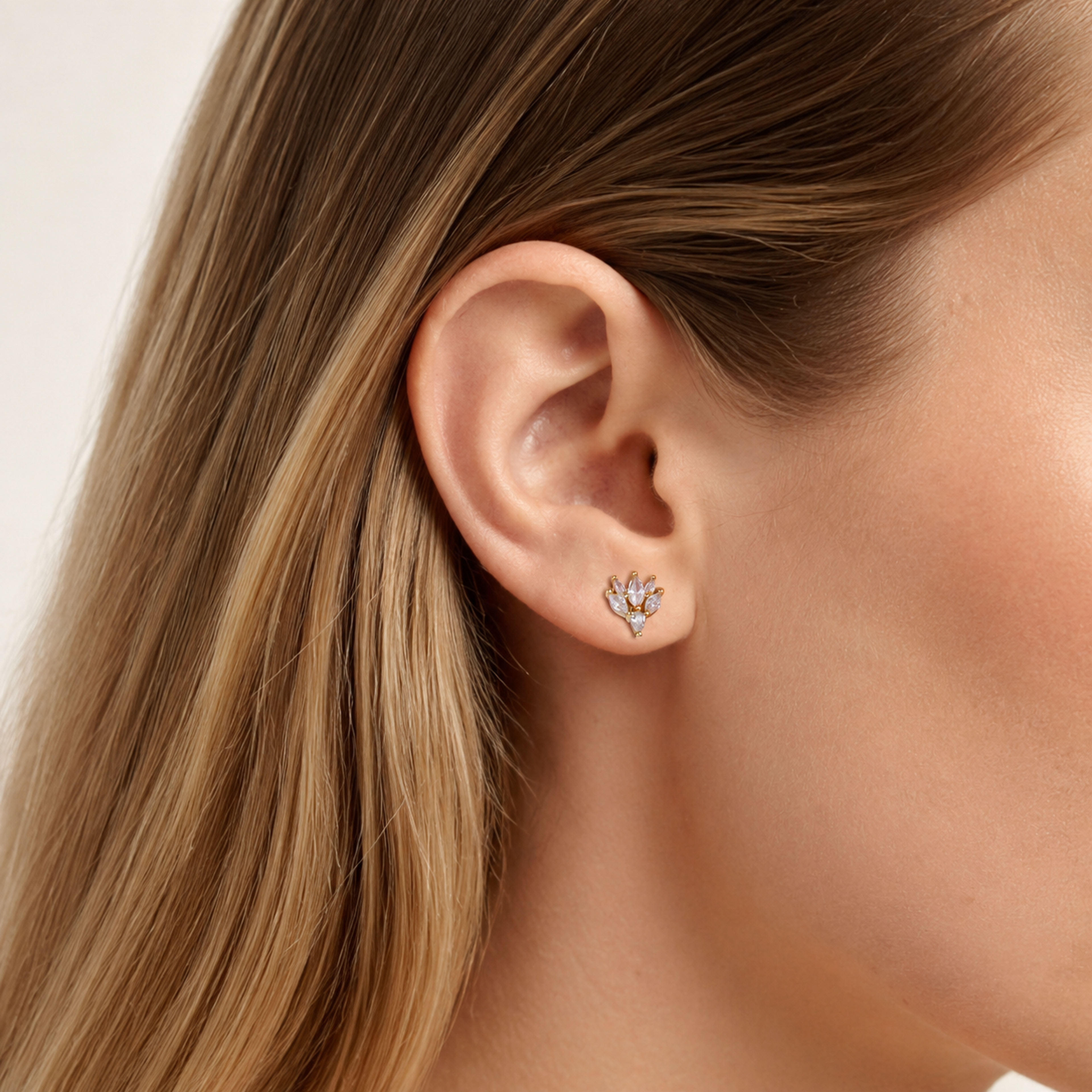 Sterling Silver Marquise Zirconia Flat Back Earrings worn on the ear