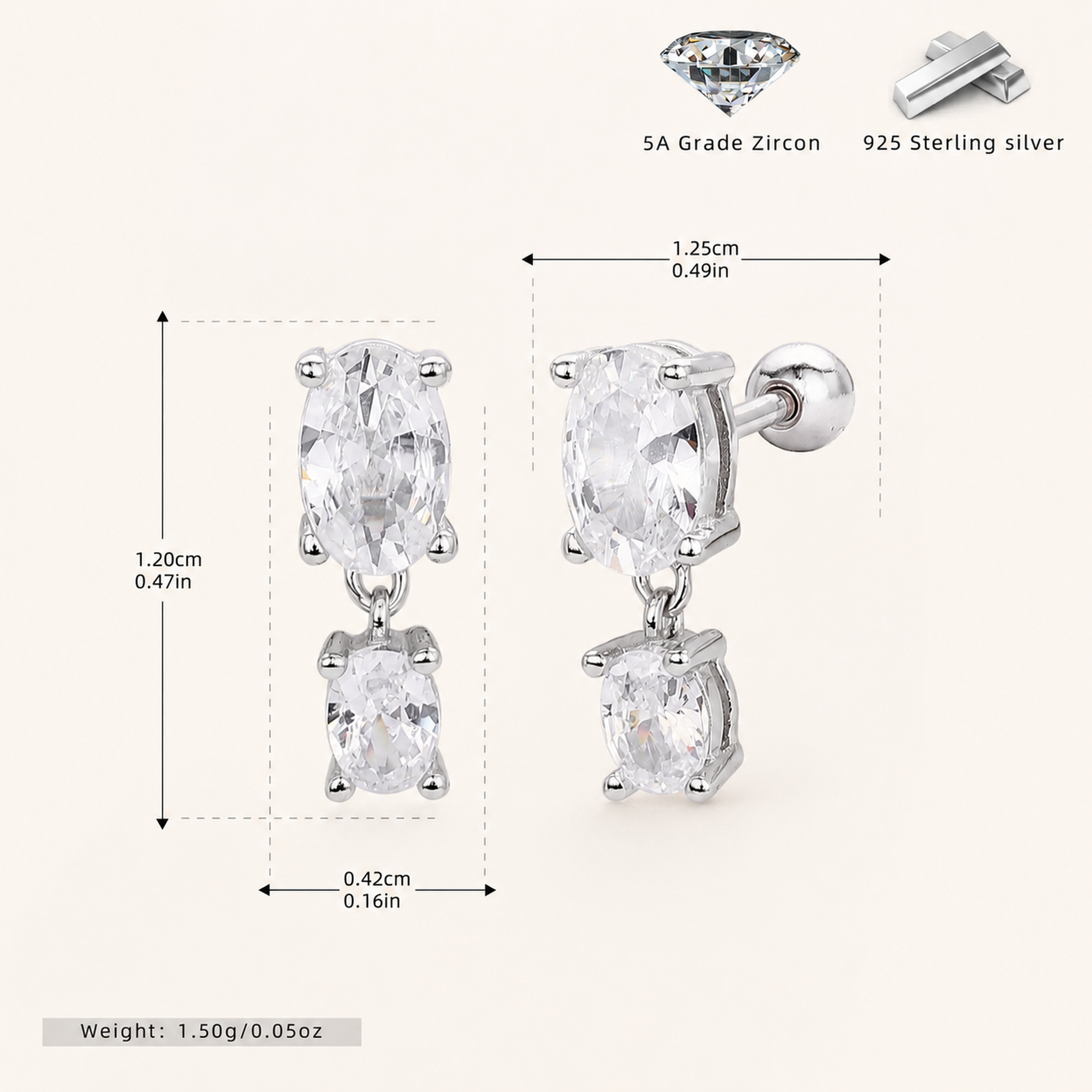 Sterling Silver Minimalist Zirconia Flat Back Earrings - Platinum