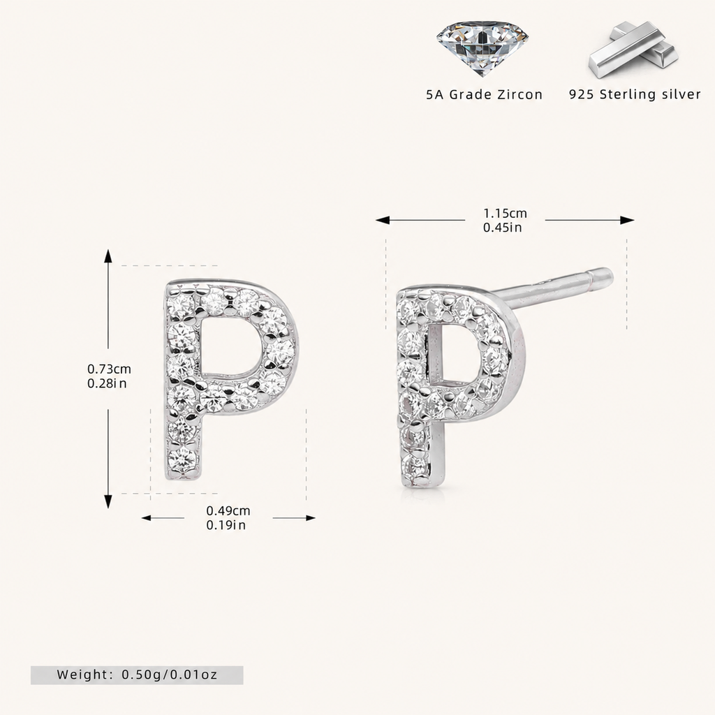 Sterling Silver Pave Initial Letter Stud Earrings - Platinum / P