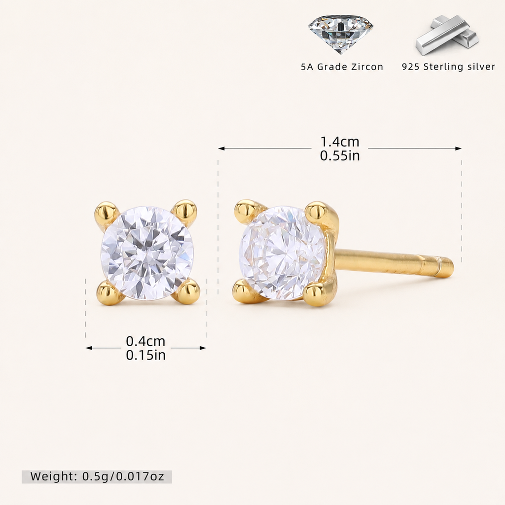 Sterling Silver Classic Zirconia Solitaire Stud Earrings - Gold / White