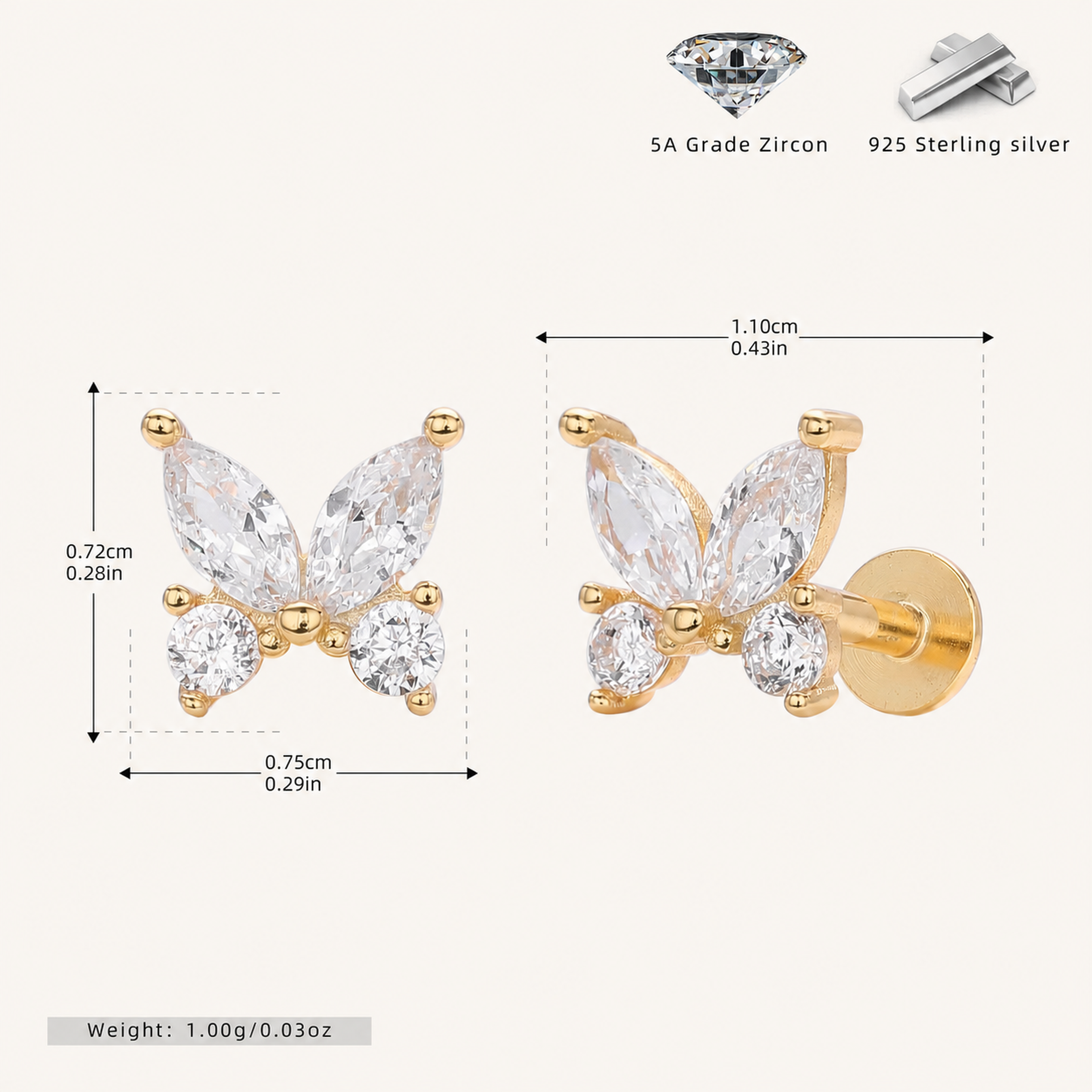Sterling Silver Butterfly Zirconia Flat Back Earrings - Gold