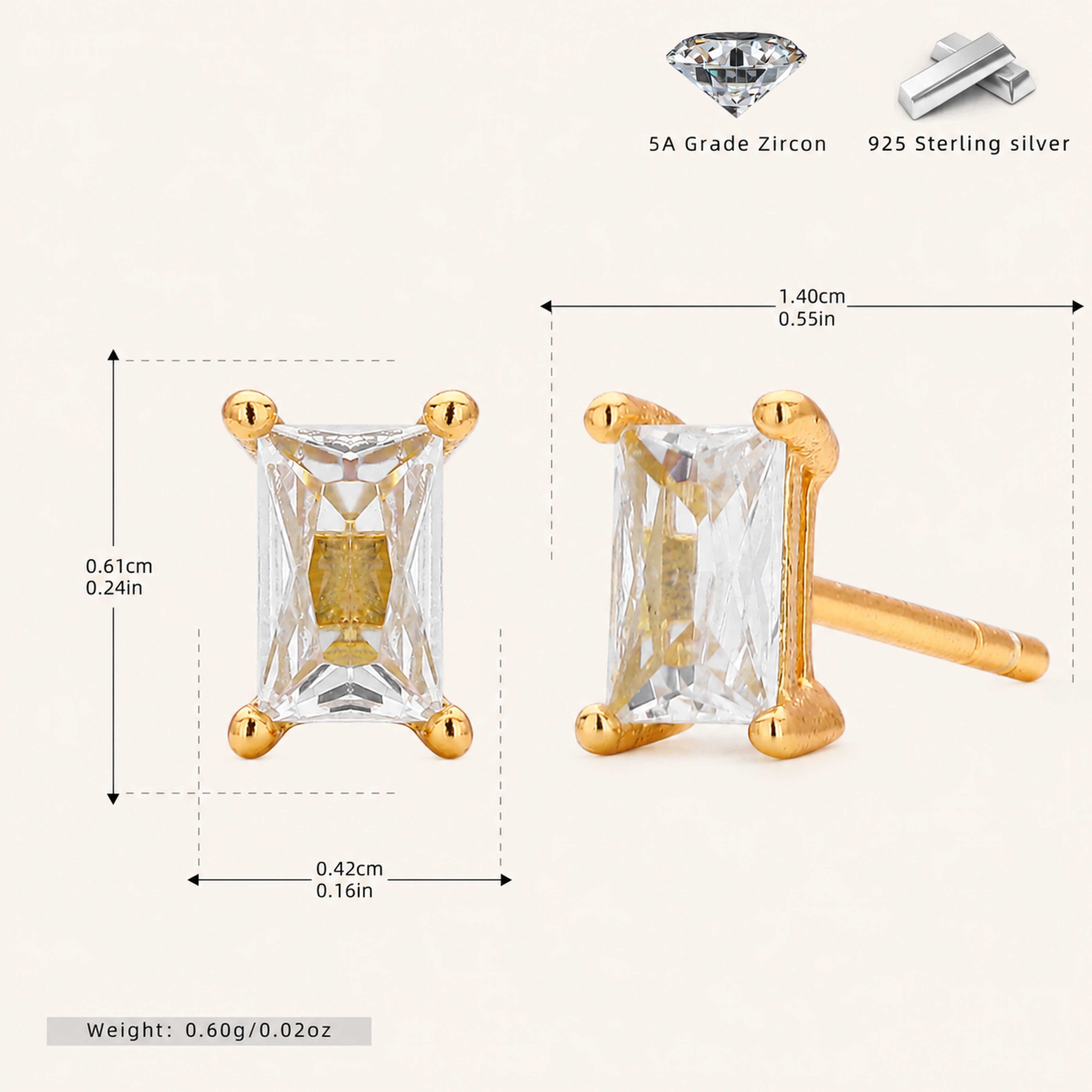 Sterling Silver Square Zirconia Stud Earrings - Gold