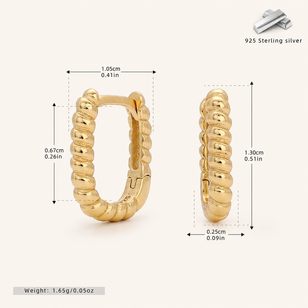 Sterling Silver Twisted Rope Rectangle Hoop Earrings - Gold