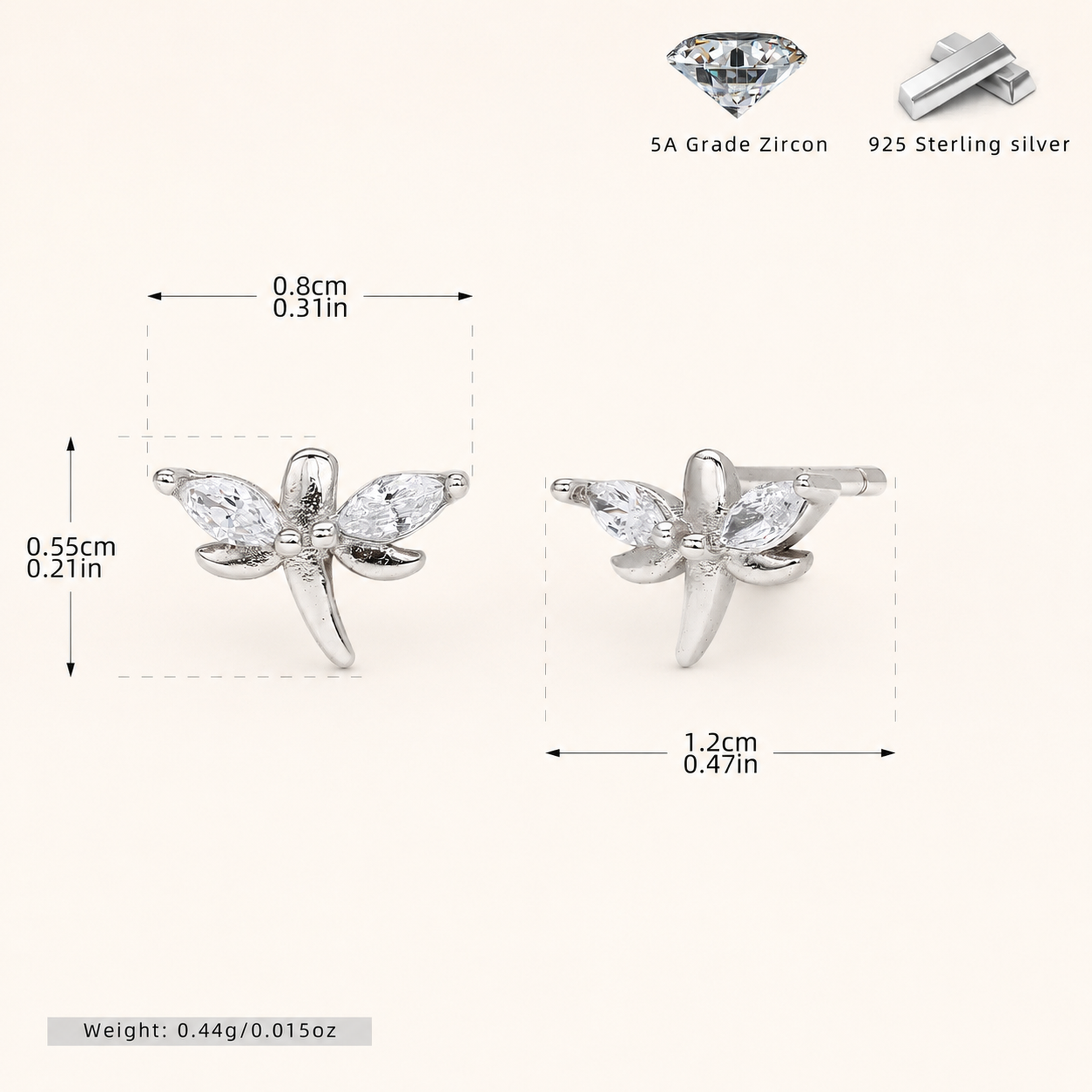 Sterling Silver Zirconia Butterfly Stud Earrings - Platinum
