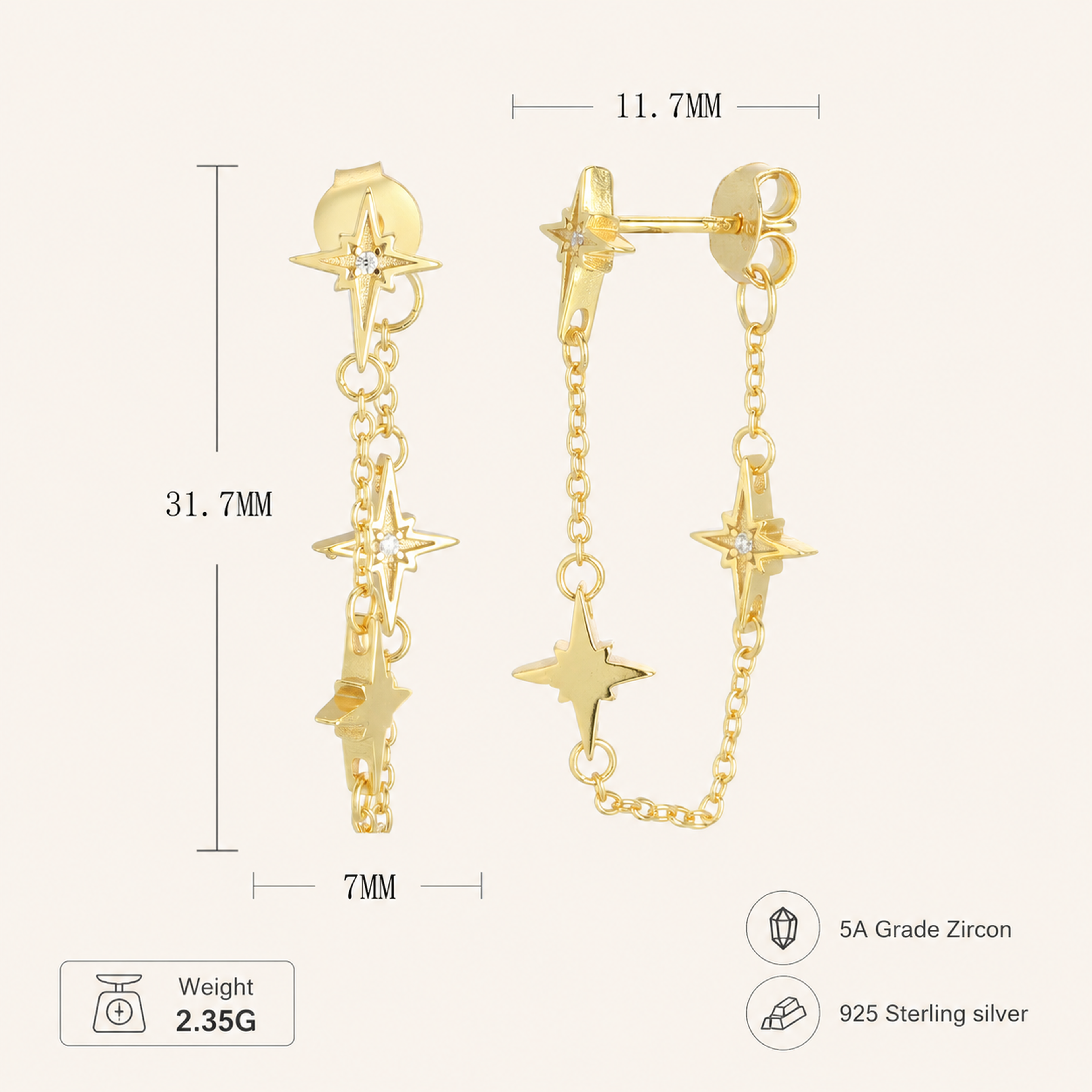 Sterling Silver Star Zirconia Tassel Drop Stud Earrings - Gold
