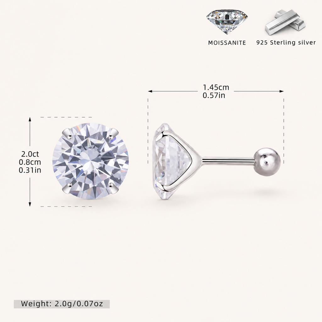 Sterling Silver Moissanite Four-Prong Solitaire Flat Back Earrings - Platinum / 8mm