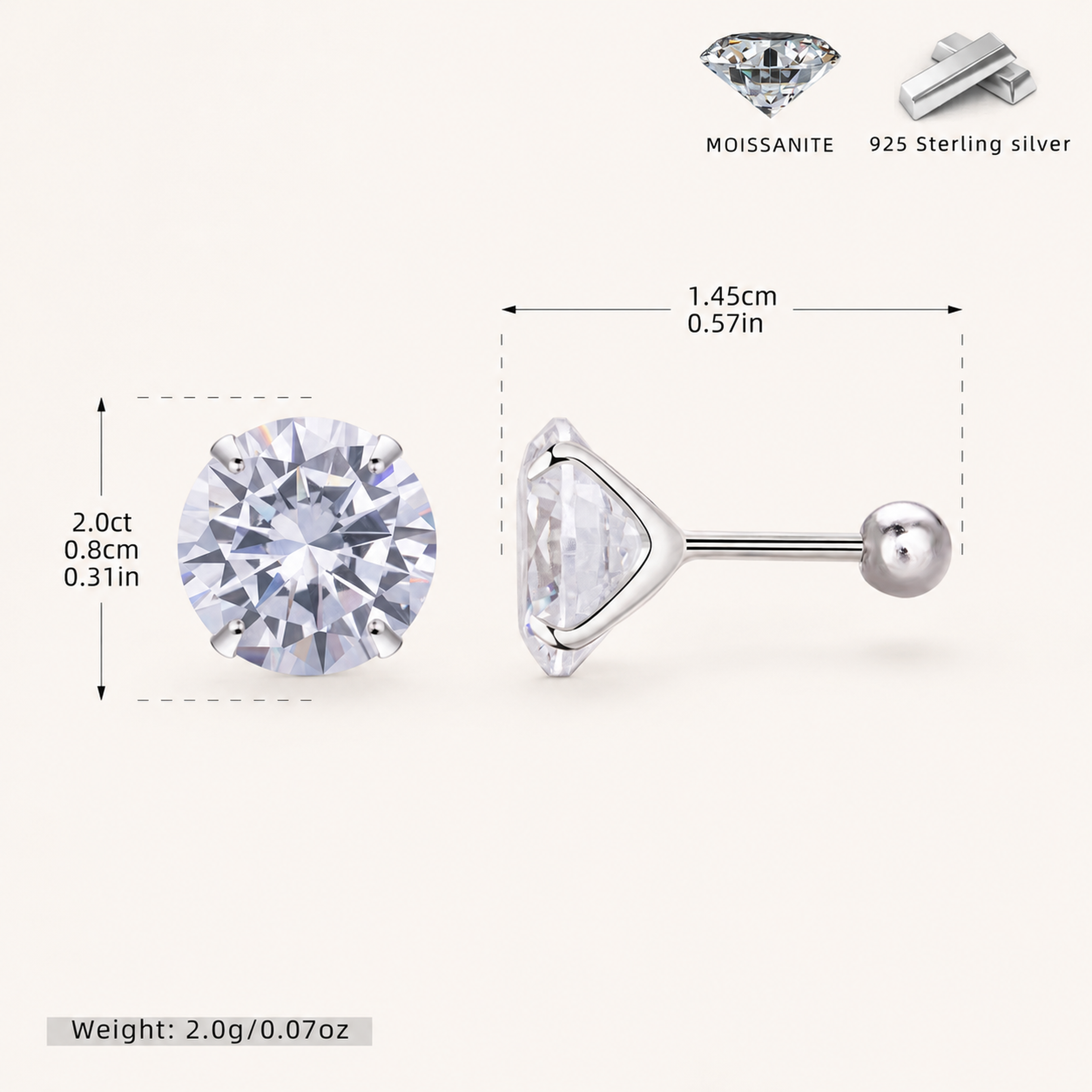 Sterling Silver Moissanite Four-Prong Solitaire Flat Back Earrings - Platinum / 8mm