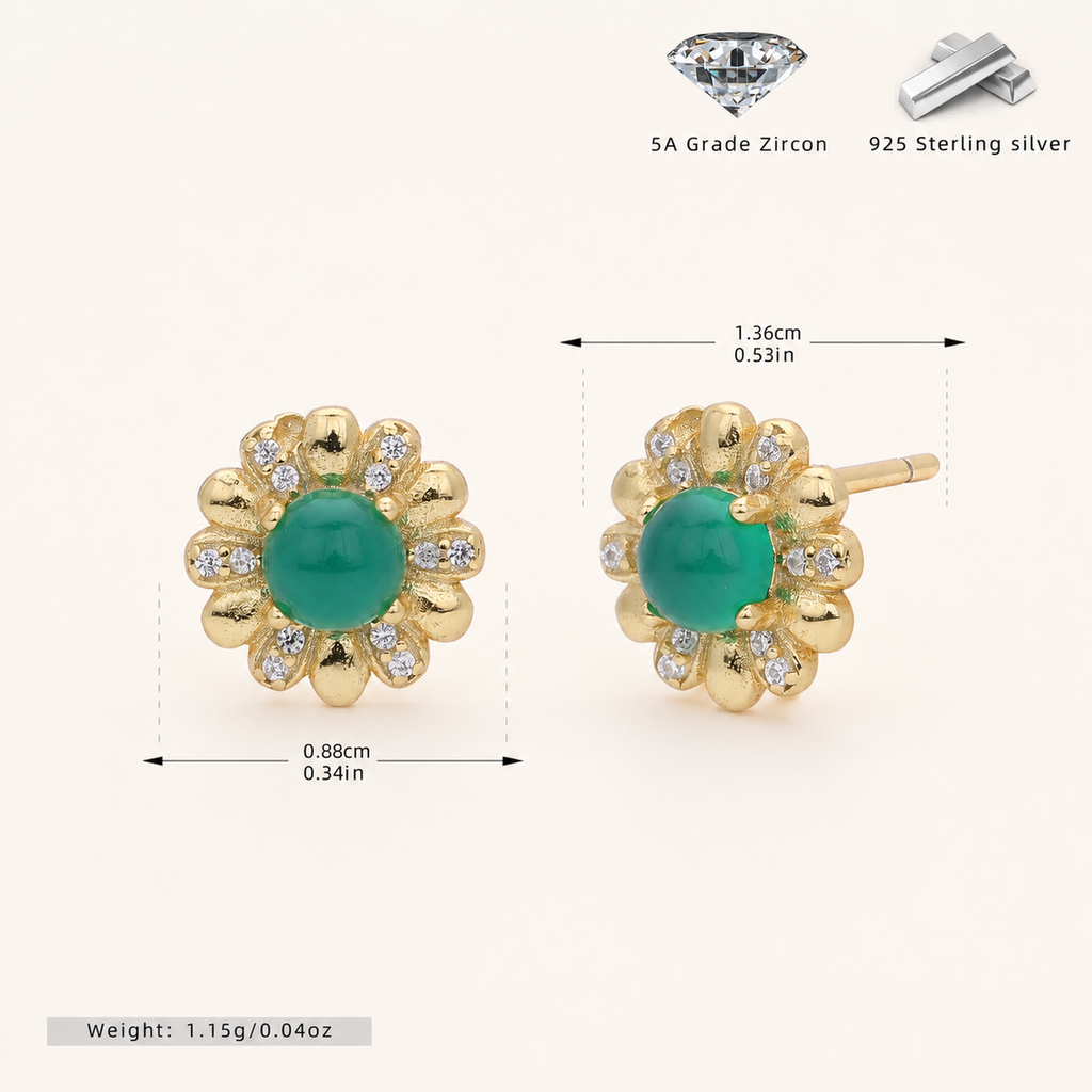 Sterling Silver Green Zirconia Flower Stud Earrings - Gold