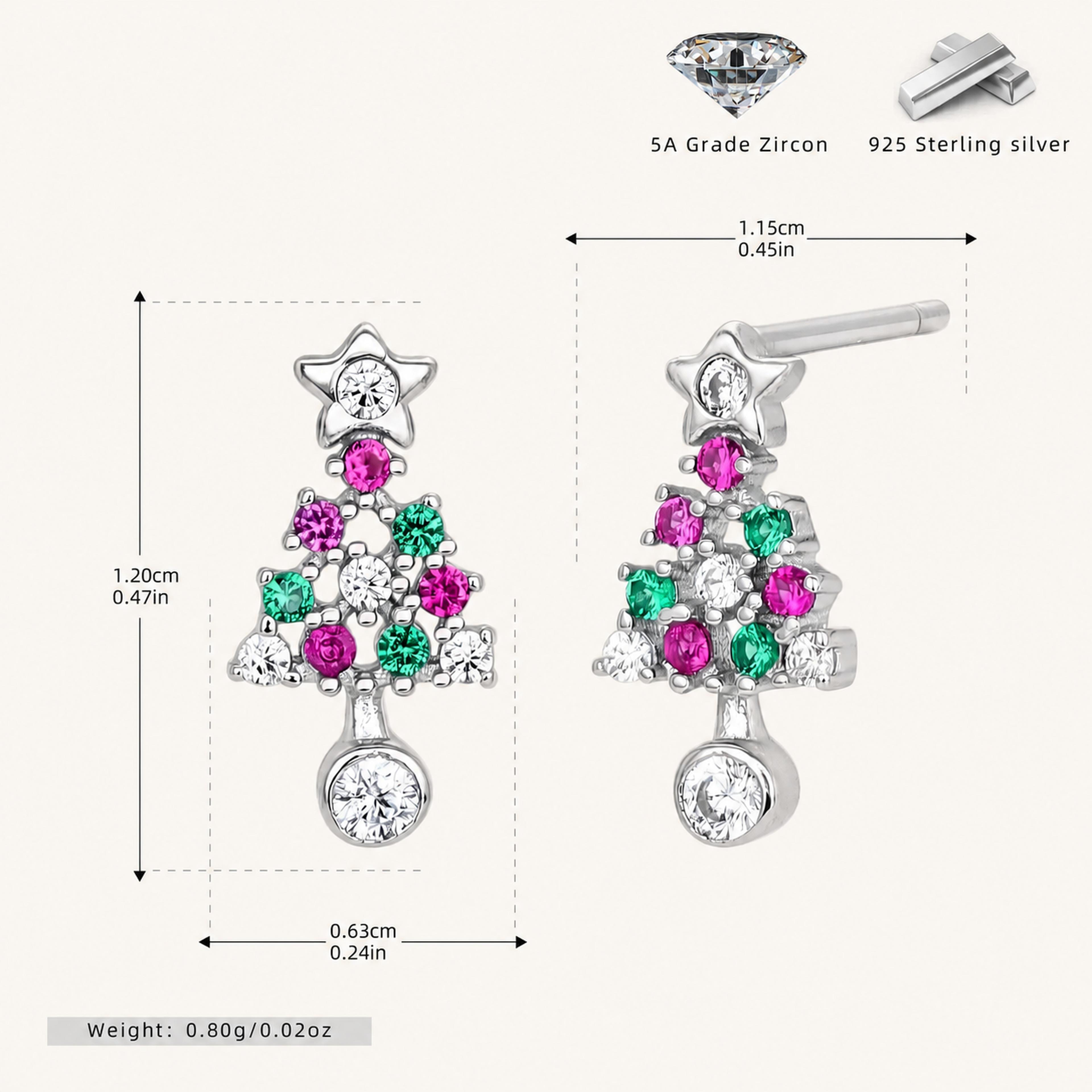 Sterling Silver Christmas Tree Zirconia Stud Earrings - Platinum