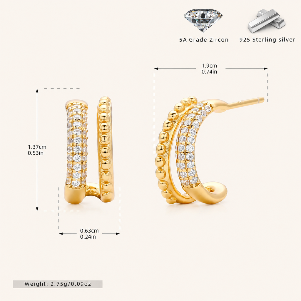 Sterling Silver Double Arc C-Shape Zirconia Stud Earrings - Gold