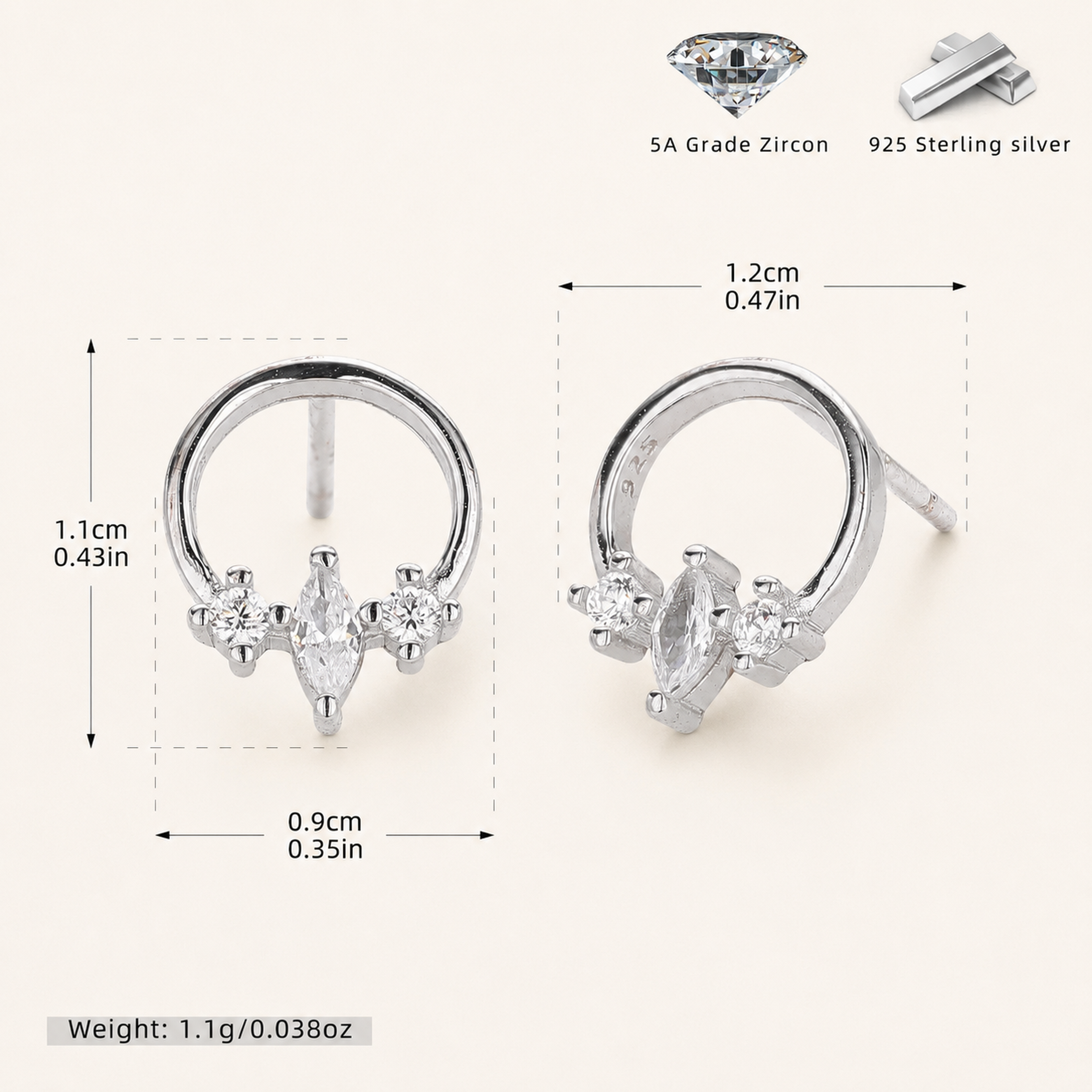 Sterling Silver Zirconia Solitaire Stud Earrings - Platinum