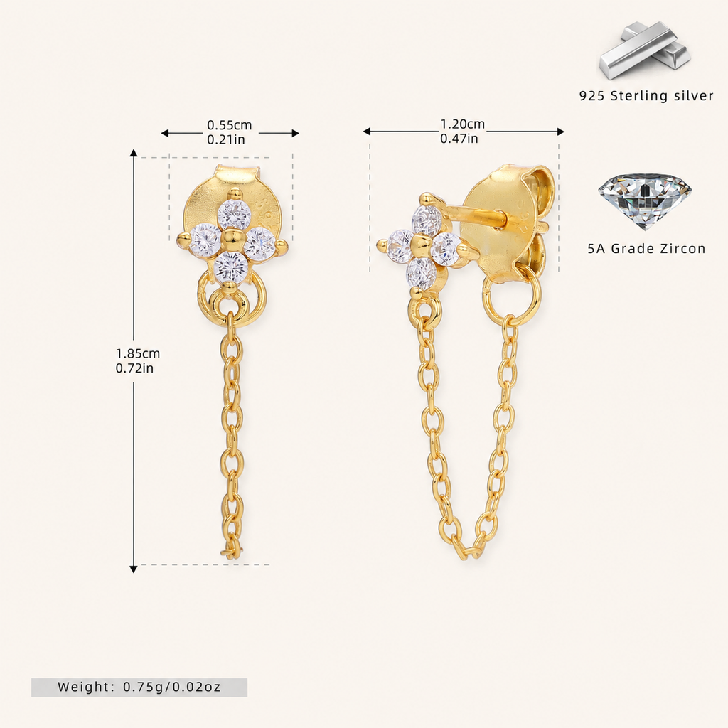 Sterling Silver Zirconia Flower Tassel Drop Stud Earrings - Gold