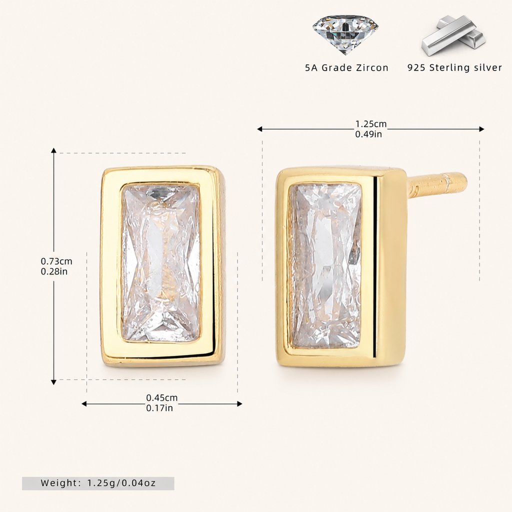 Sterling Silver Square Zirconia Stud Earrings - Gold