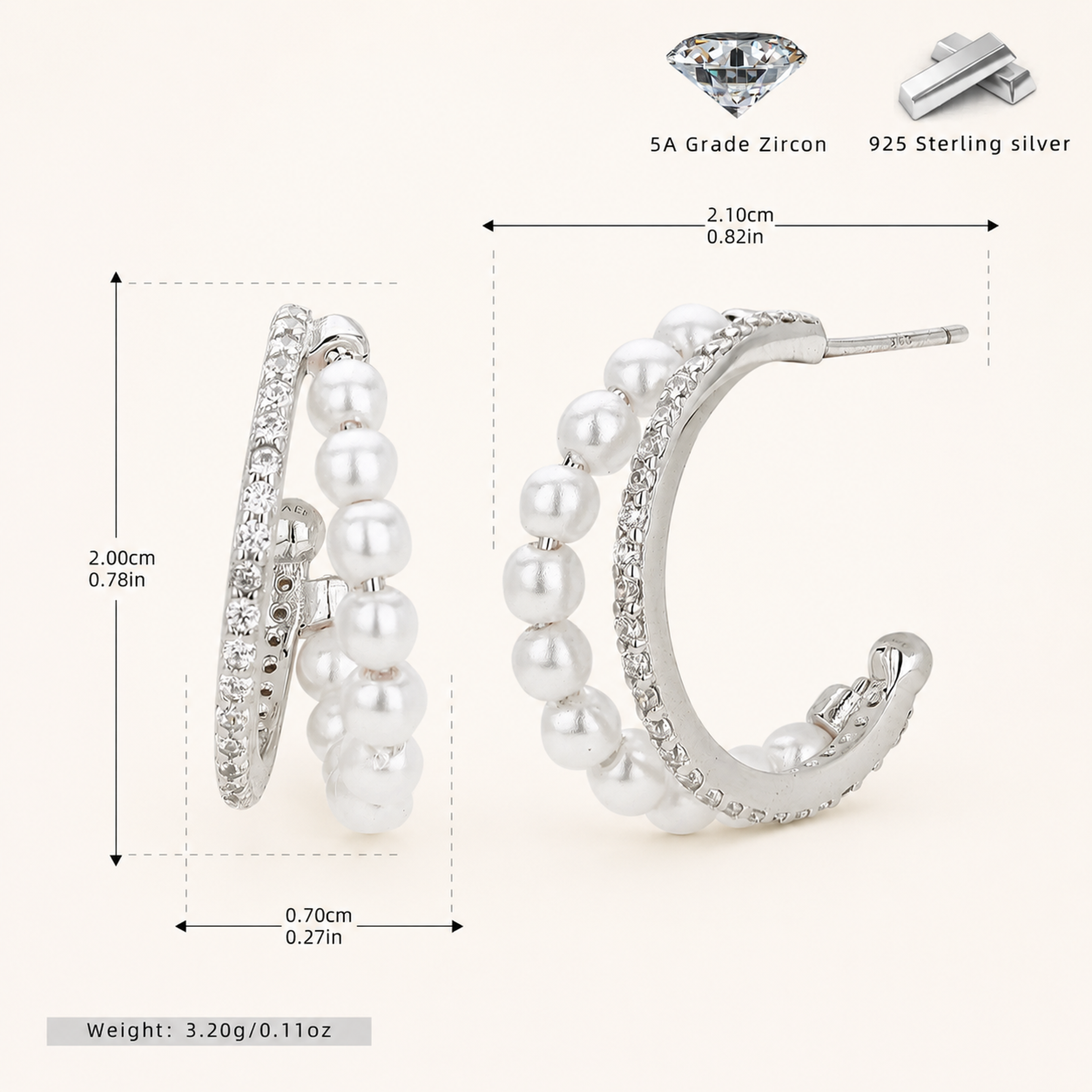 Sterling Silver Pearl and Zirconia Stud Earrings - Platinum