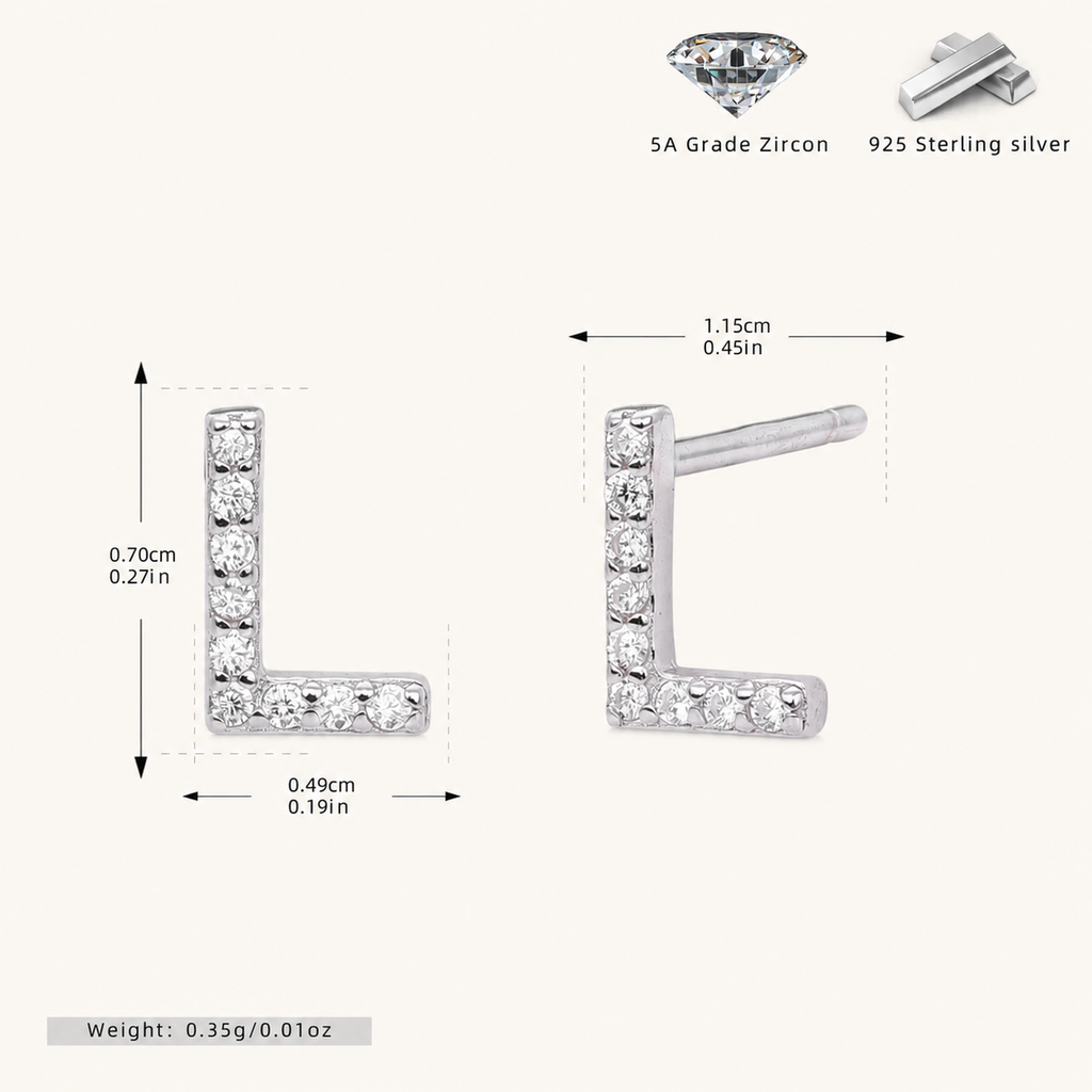 Sterling Silver Pave Initial Letter Stud Earrings - Platinum / L