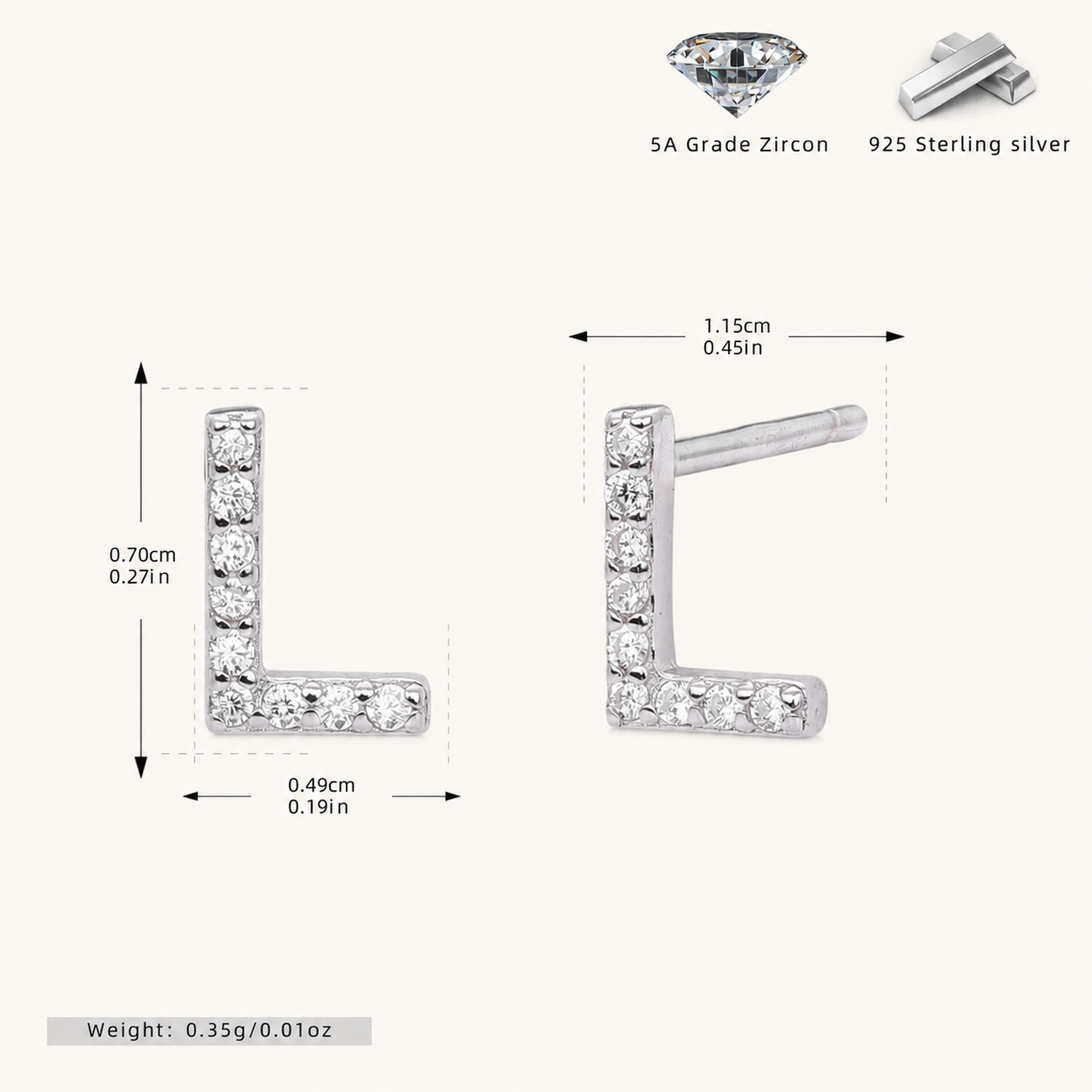 Sterling Silver Pave Initial Letter Stud Earrings - Platinum / L