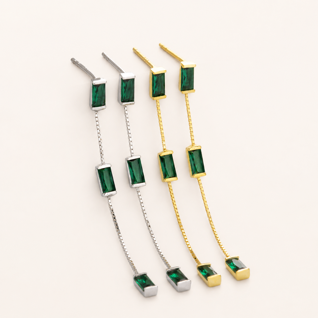 Sterling Silver Vintage Emerald-Green Square Tassel Drop Earrings detail