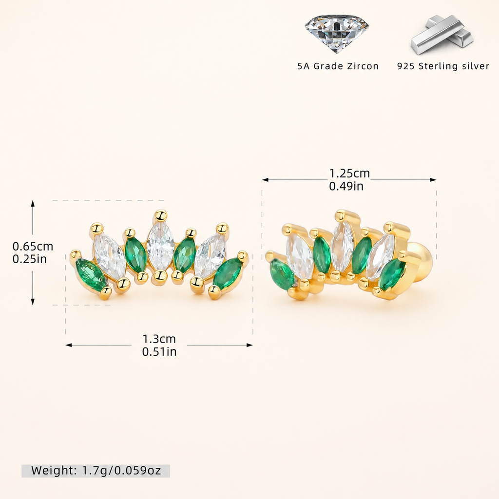 Sterling Silver Two-Tone Zirconia Crown Flat Back Earrings - Gold / Green