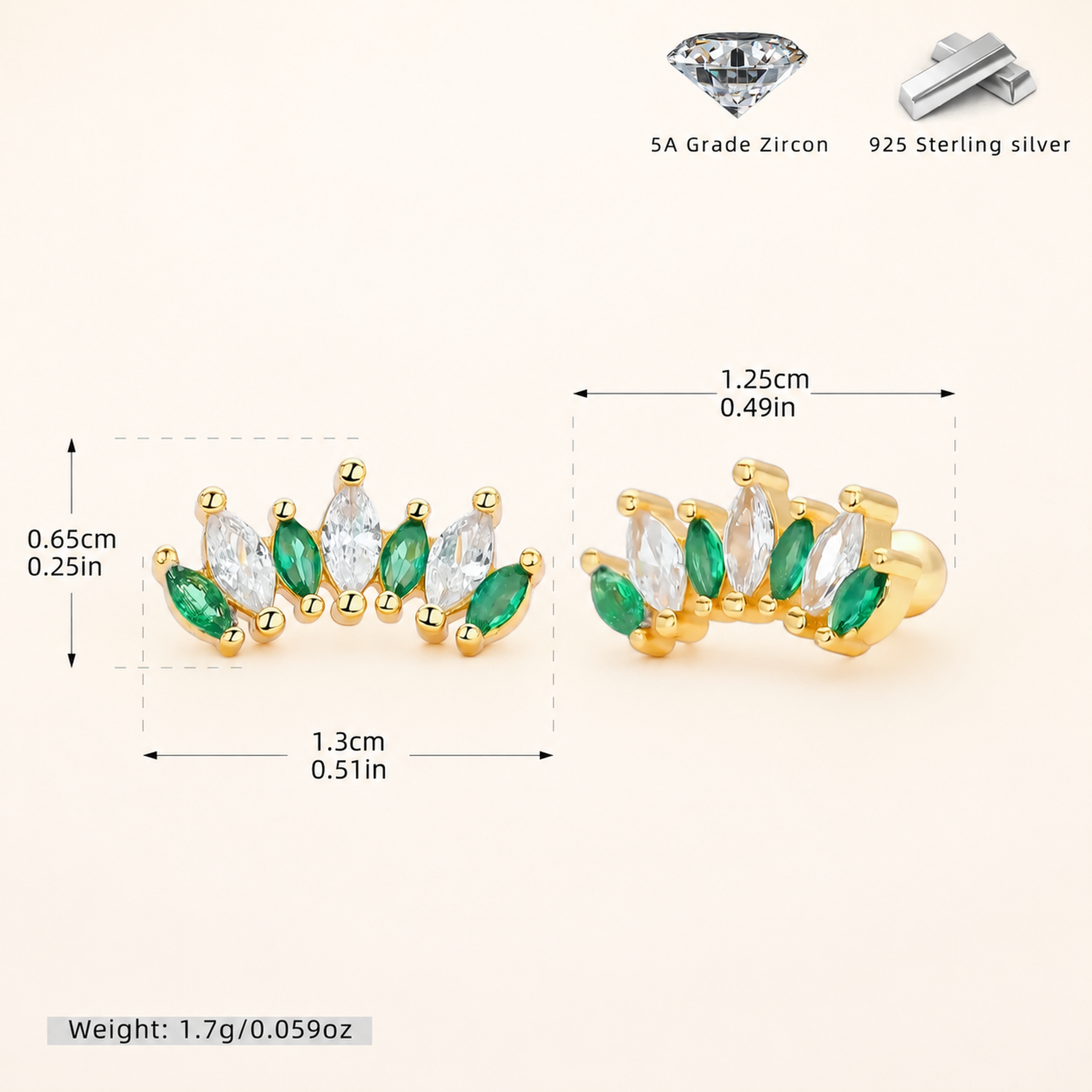 Sterling Silver Two-Tone Zirconia Crown Flat Back Earrings - Gold / Green