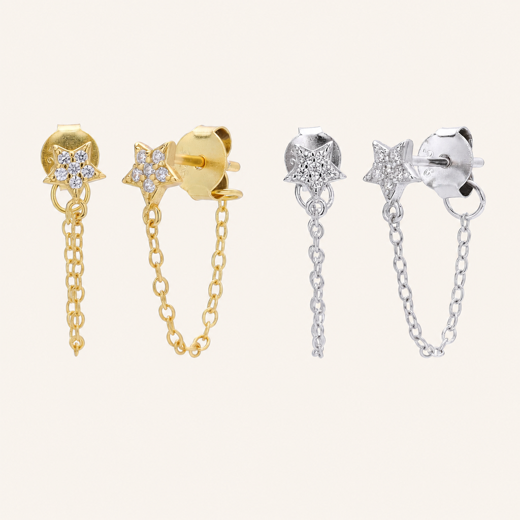 Sterling Silver Zirconia Star Chain Drop Stud Earrings