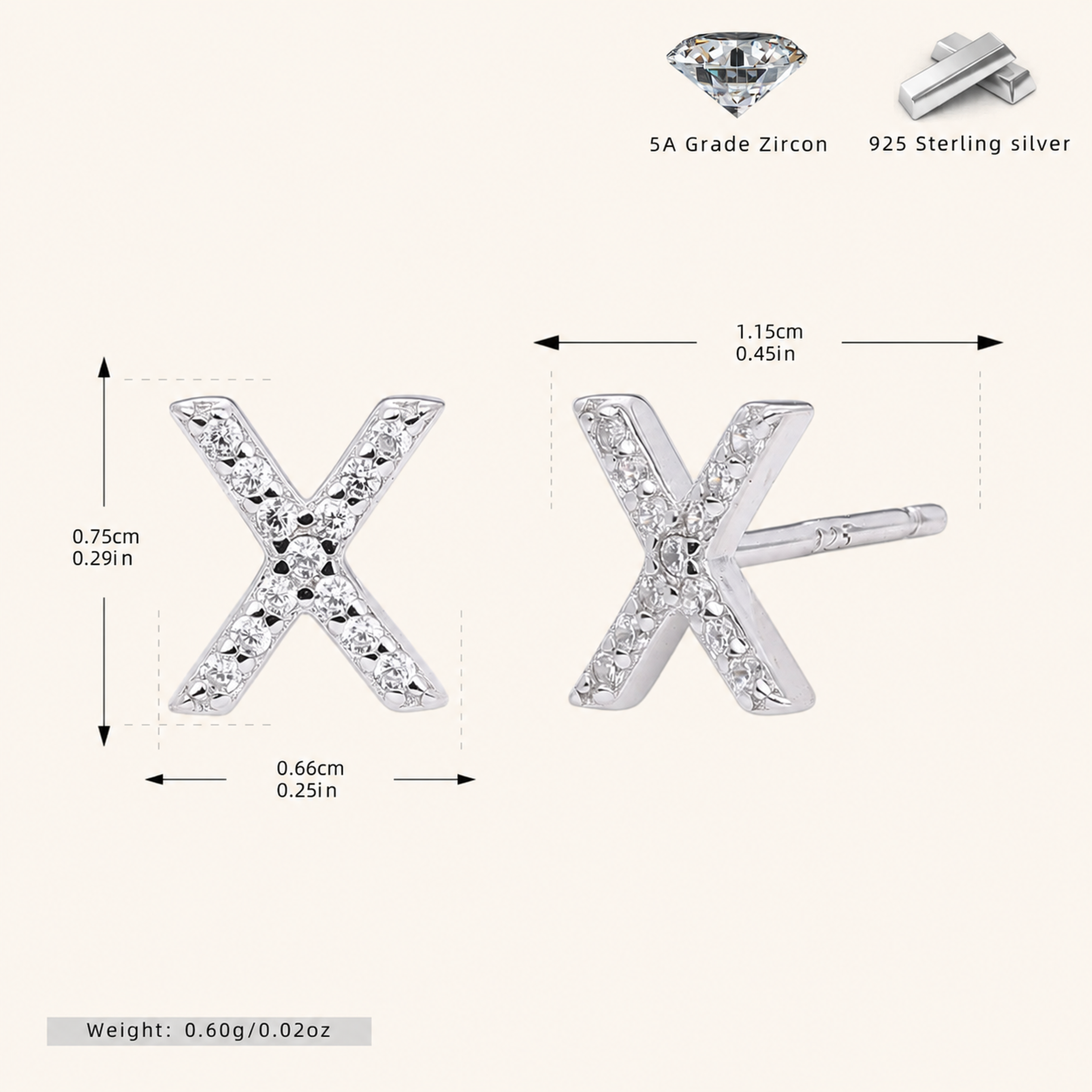 Sterling Silver Pave Initial Letter Stud Earrings - Platinum / X